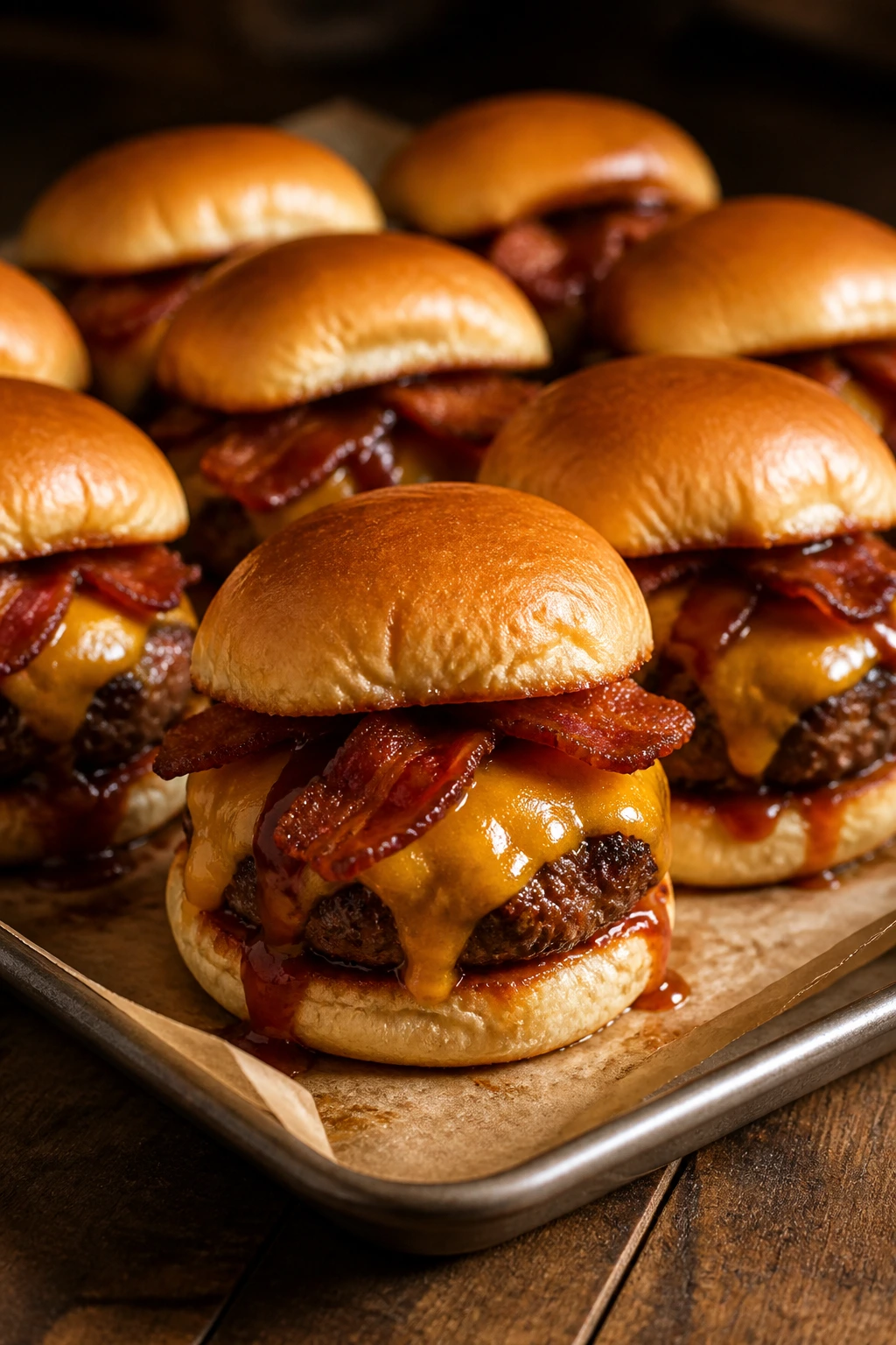 Close-up of BBQ Bacon Cheddar Sliders with cheddar and bacon on parchment