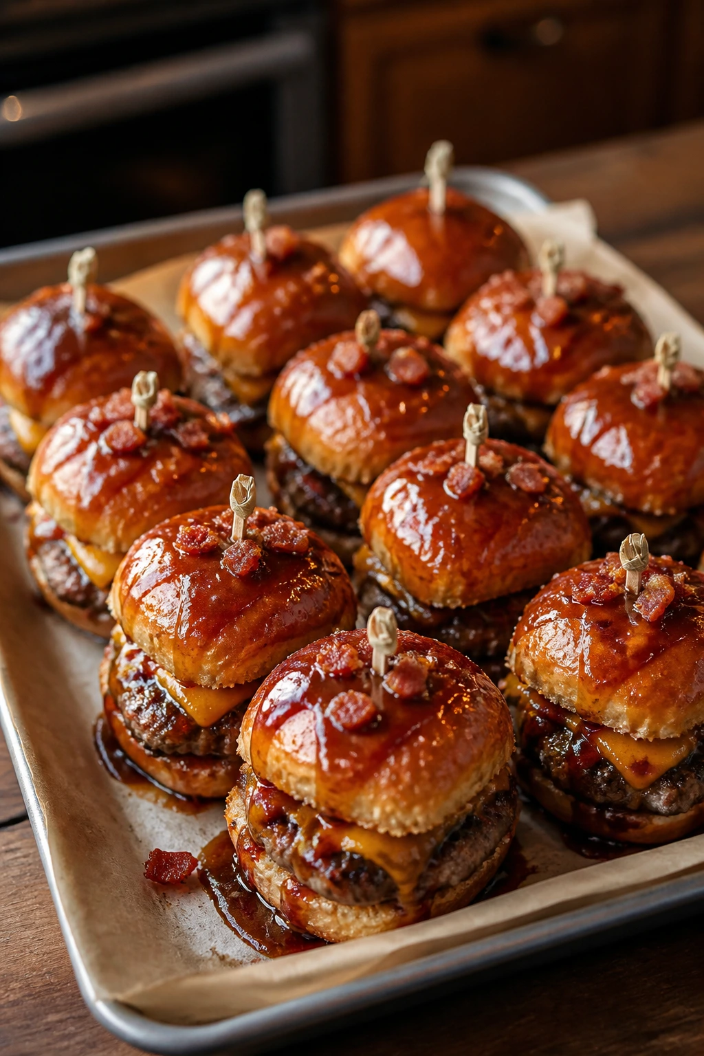 BBQ bacon cheddar sliders with glossy glaze on parchment