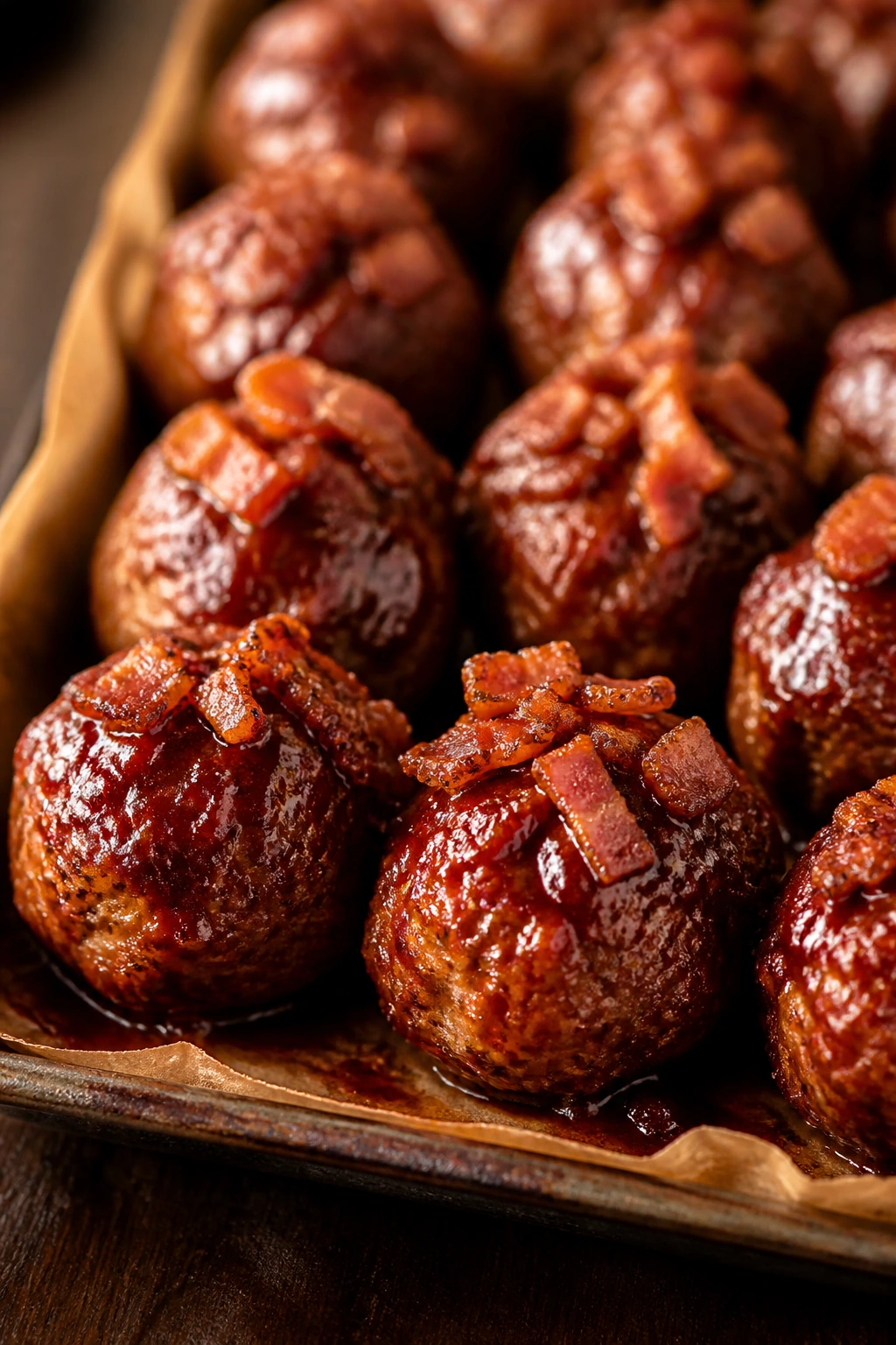 Bacon-infused meatballs with shiny barbecue glaze