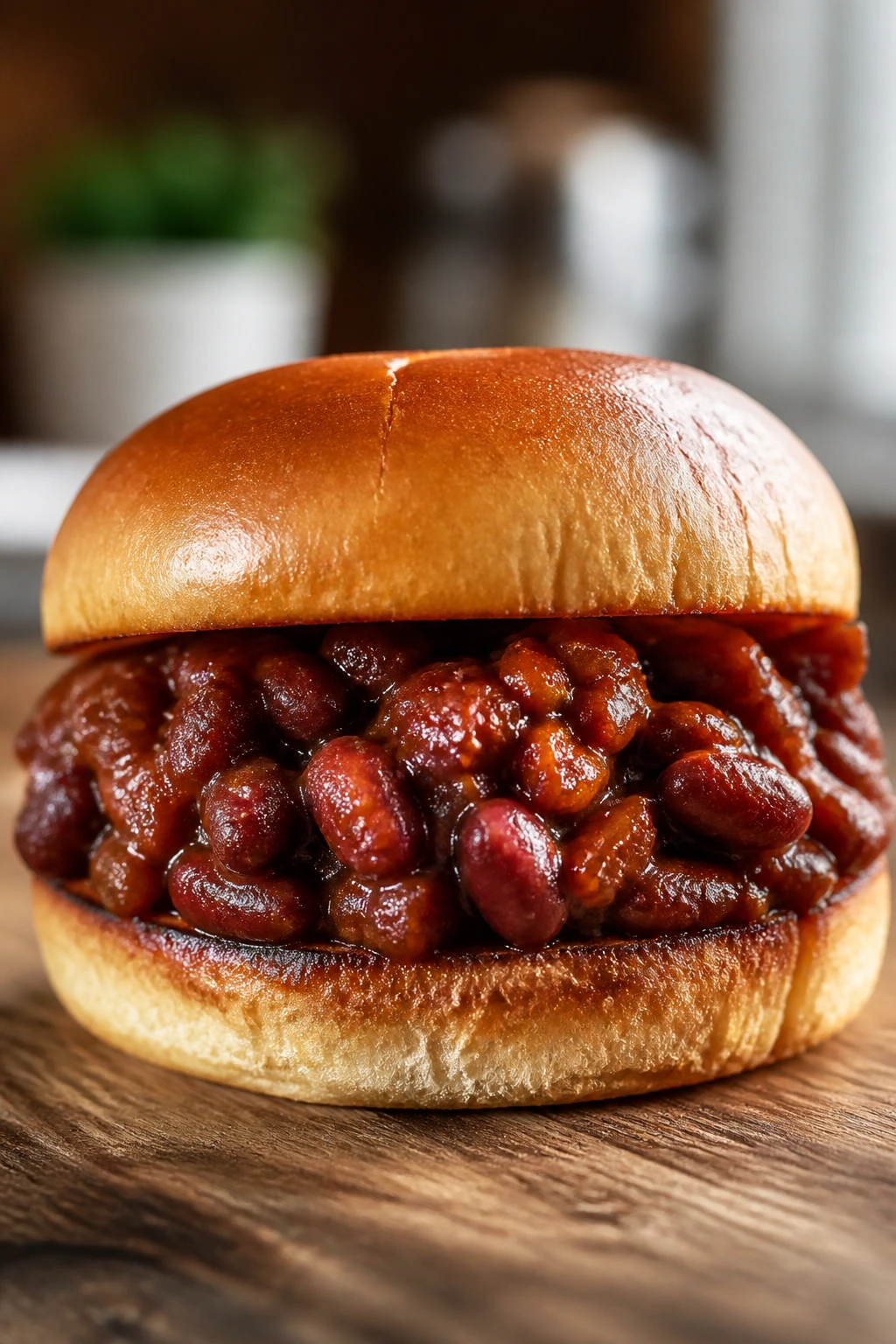 Close-up of BBQ bean sloppy joes sandwich on toasted bun with glossy sauce