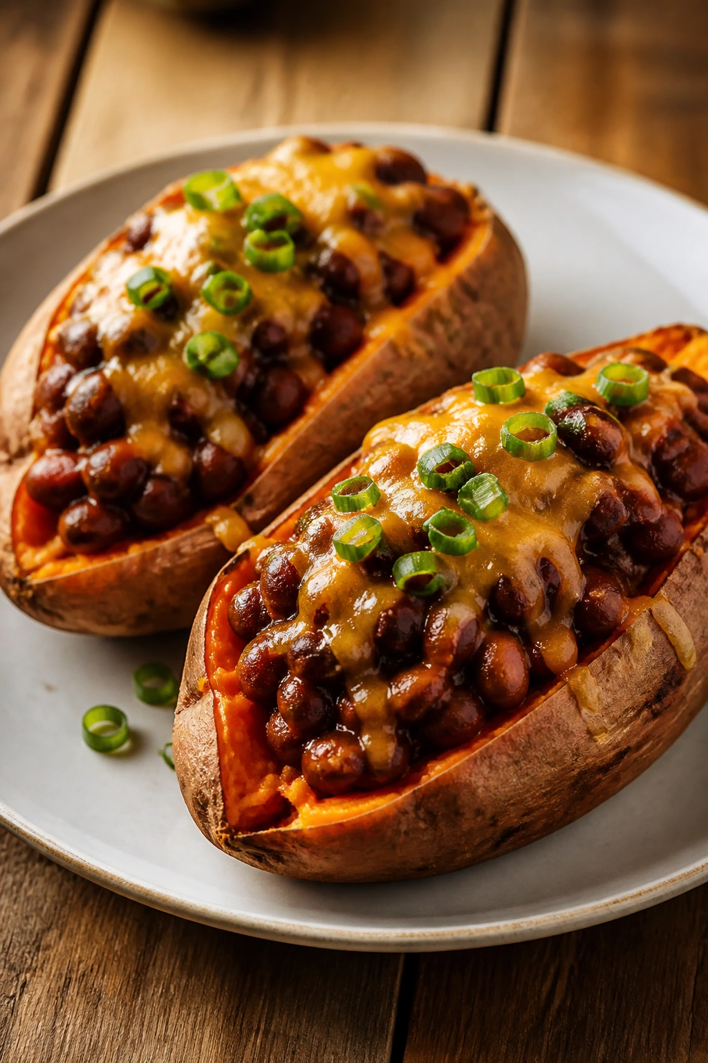 Close up of stuffed sweet potatoes with smoky beans and cheddar.