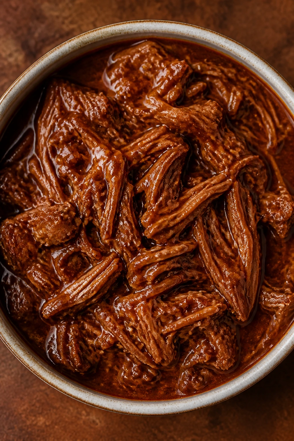 Top-down view of a bowl of shredded BBQ beef in sauce