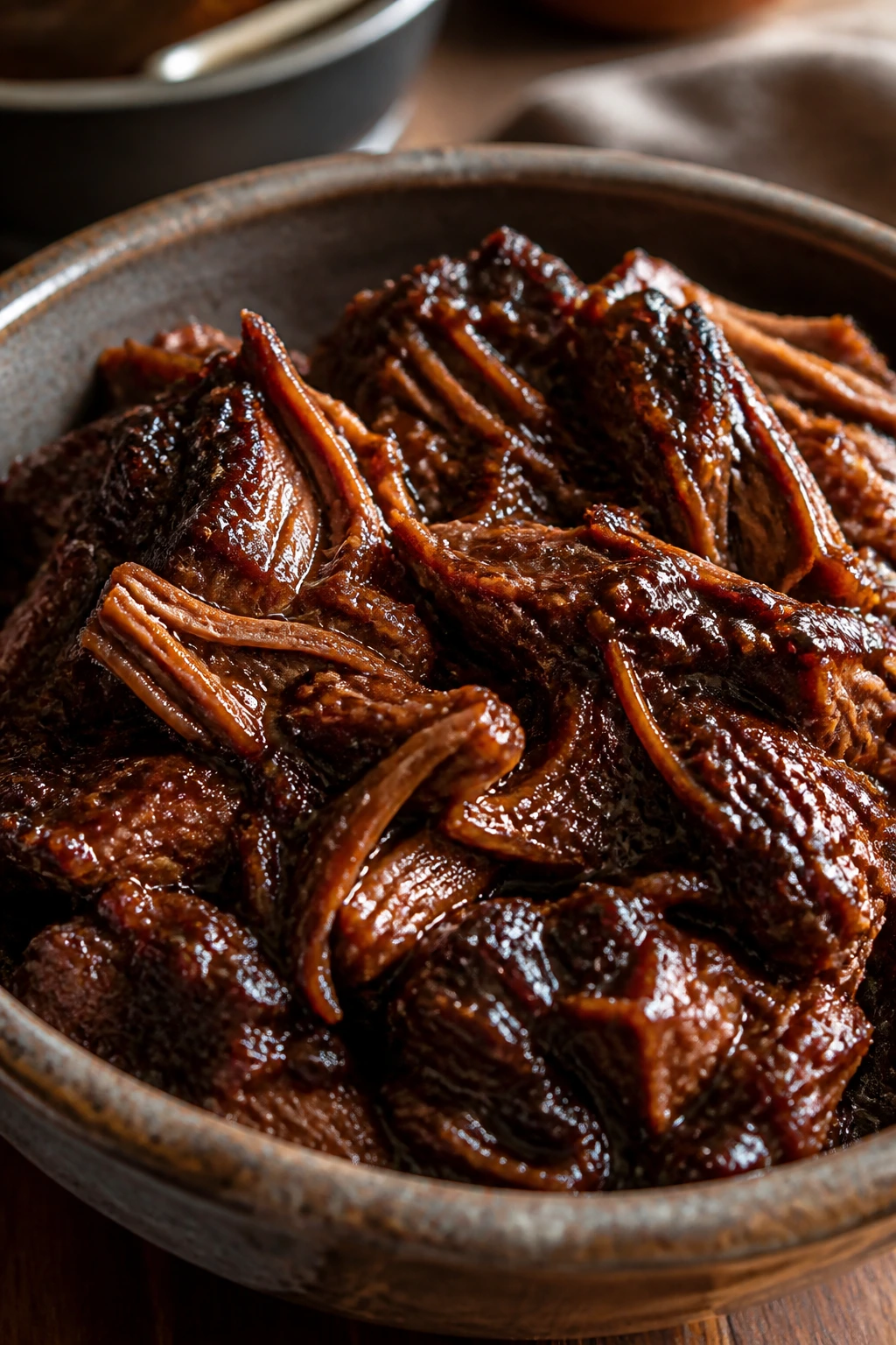 Glossy BBQ beef in a rustic bowl with rich sauce