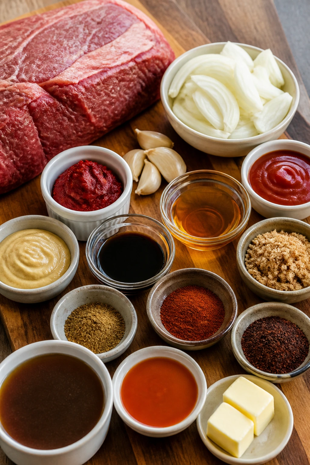 Ingredients arranged on cutting board for classic BBQ beef