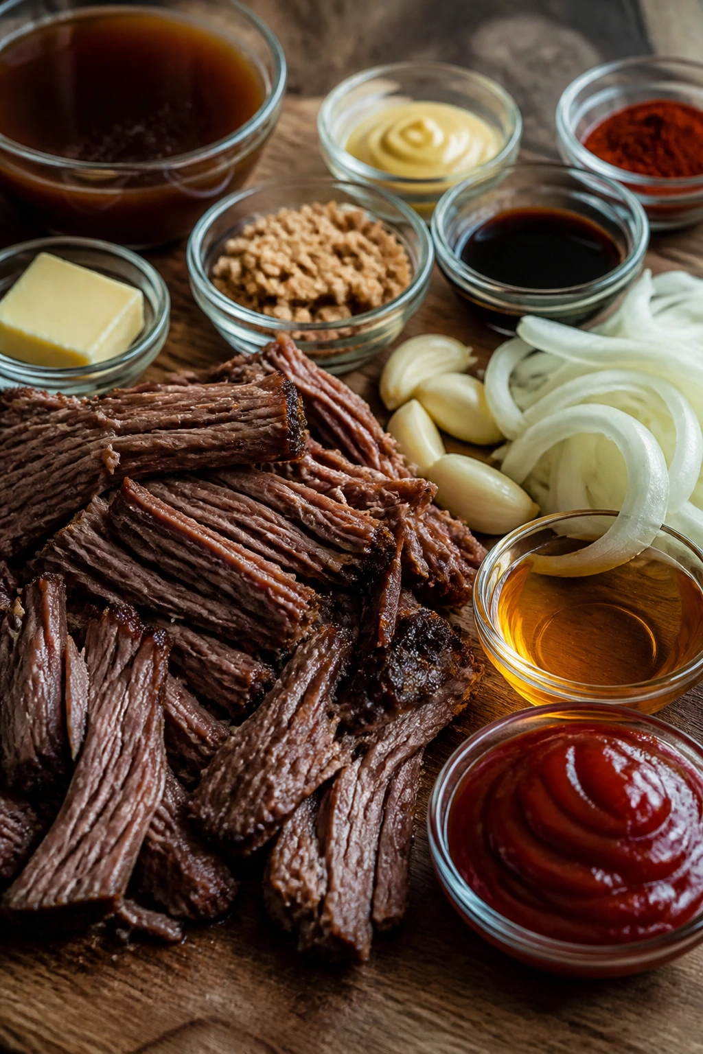 Key ingredients for BBQ beef arranged on cutting board