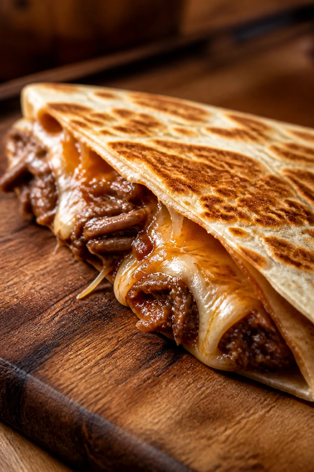 BBQ beef quesadilla wedge on wooden board