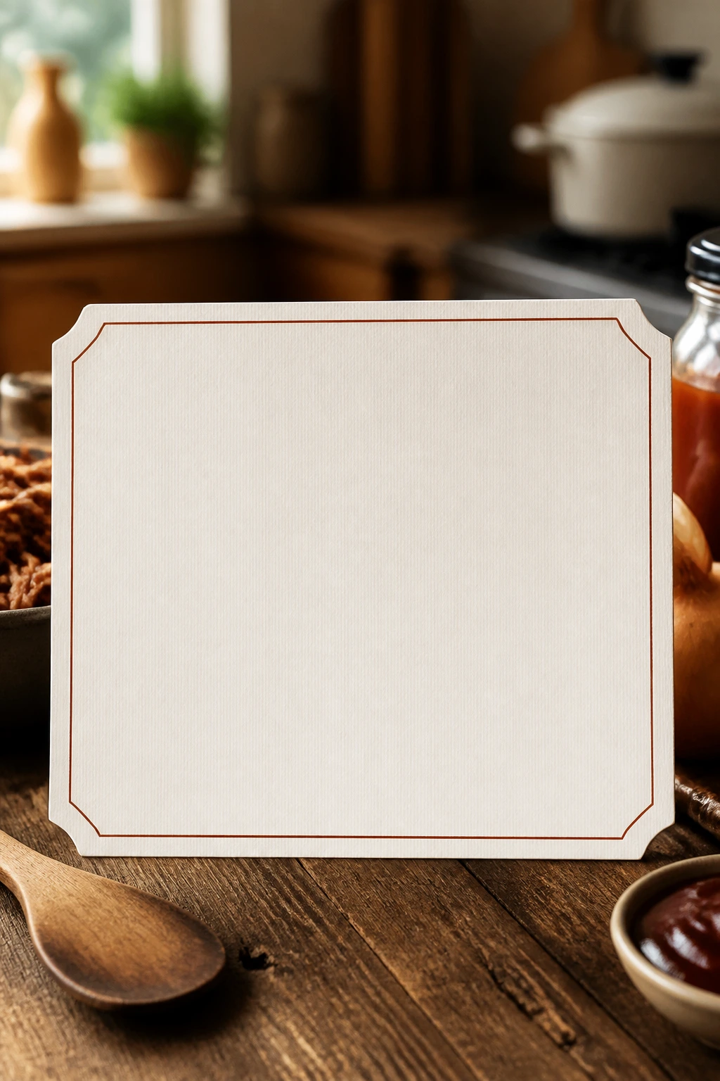 Large blank recipe card on kitchen counter as the recipe centerpiece