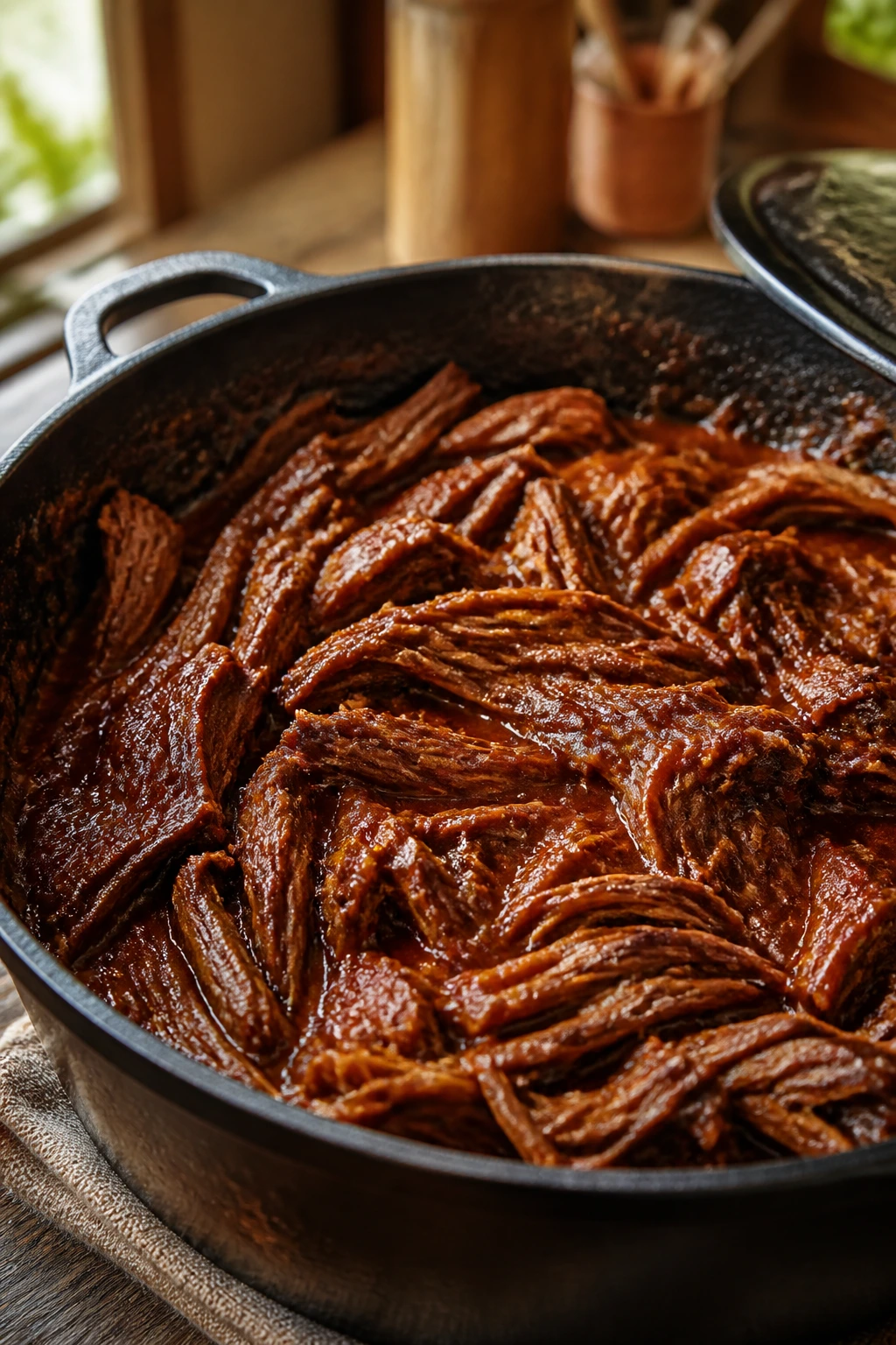 Close-up of glossy shredded BBQ beef in a thick sauce in a cast-iron pot