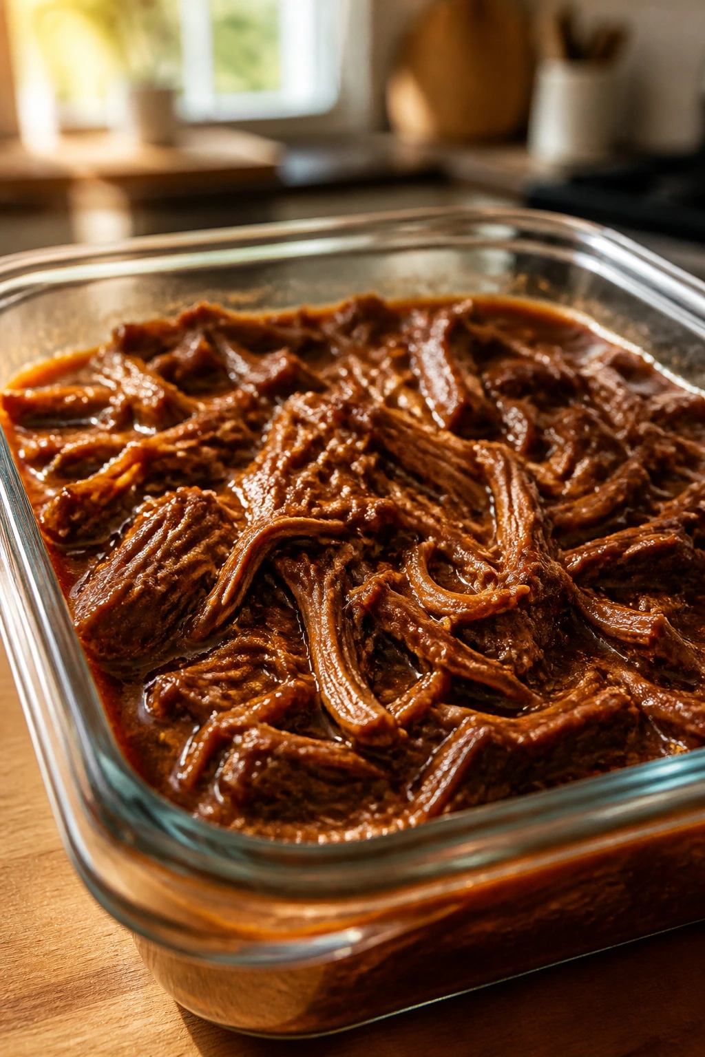 Close-up of shredded BBQ beef in a glass storage container on a kitchen counter