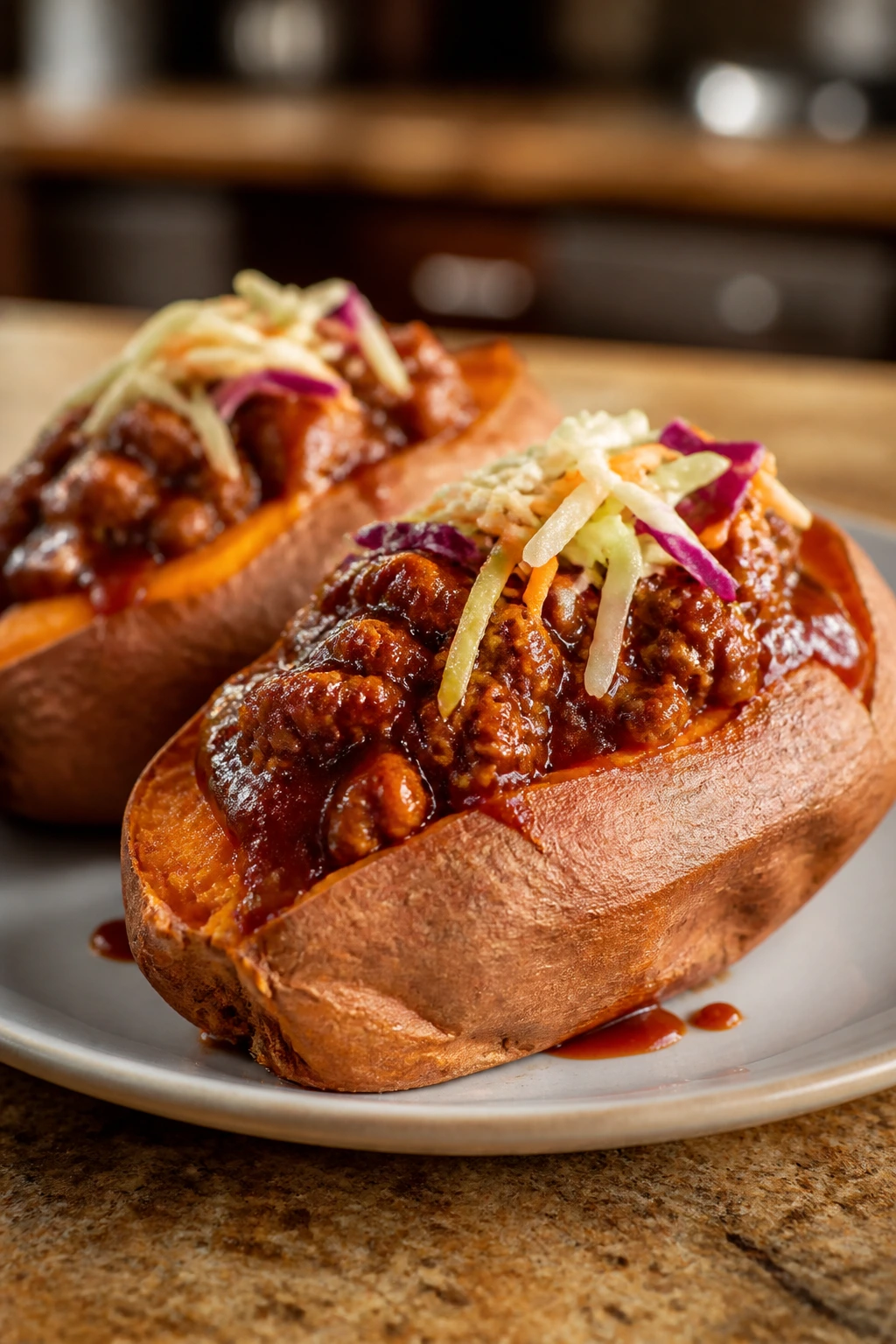 Close-up of BBQ beef stuffed sweet potatoes on a plate
