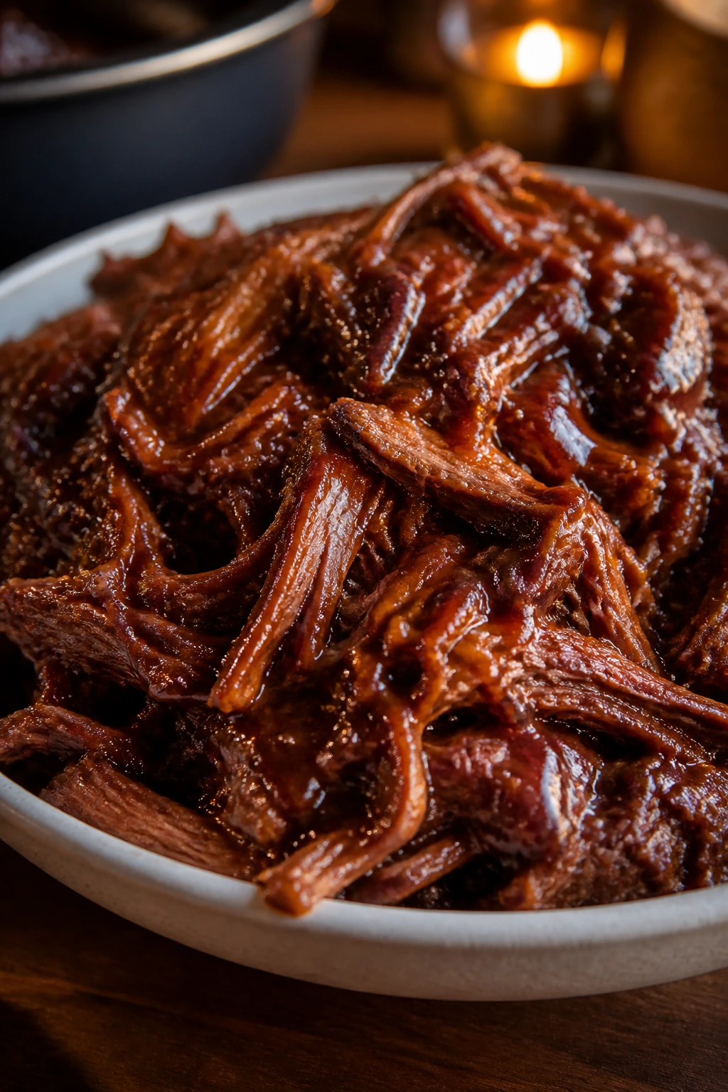 Plate of glossy BBQ beef with sauce in a warm kitchen