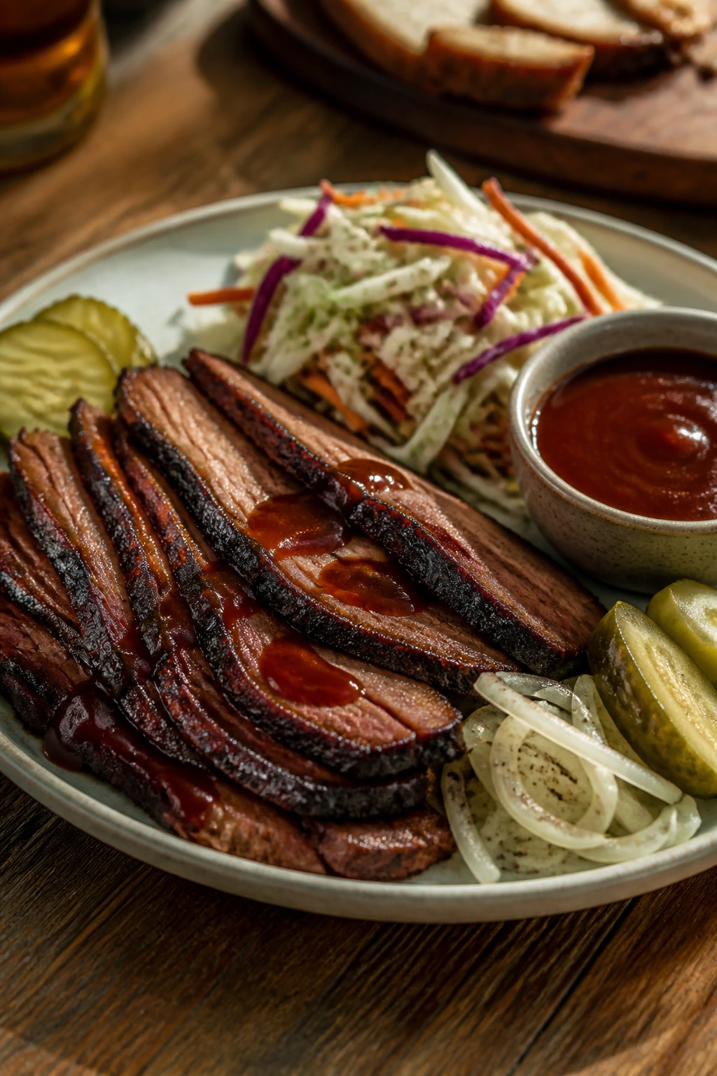 Plate of brisket with sauce and sides on a wooden table