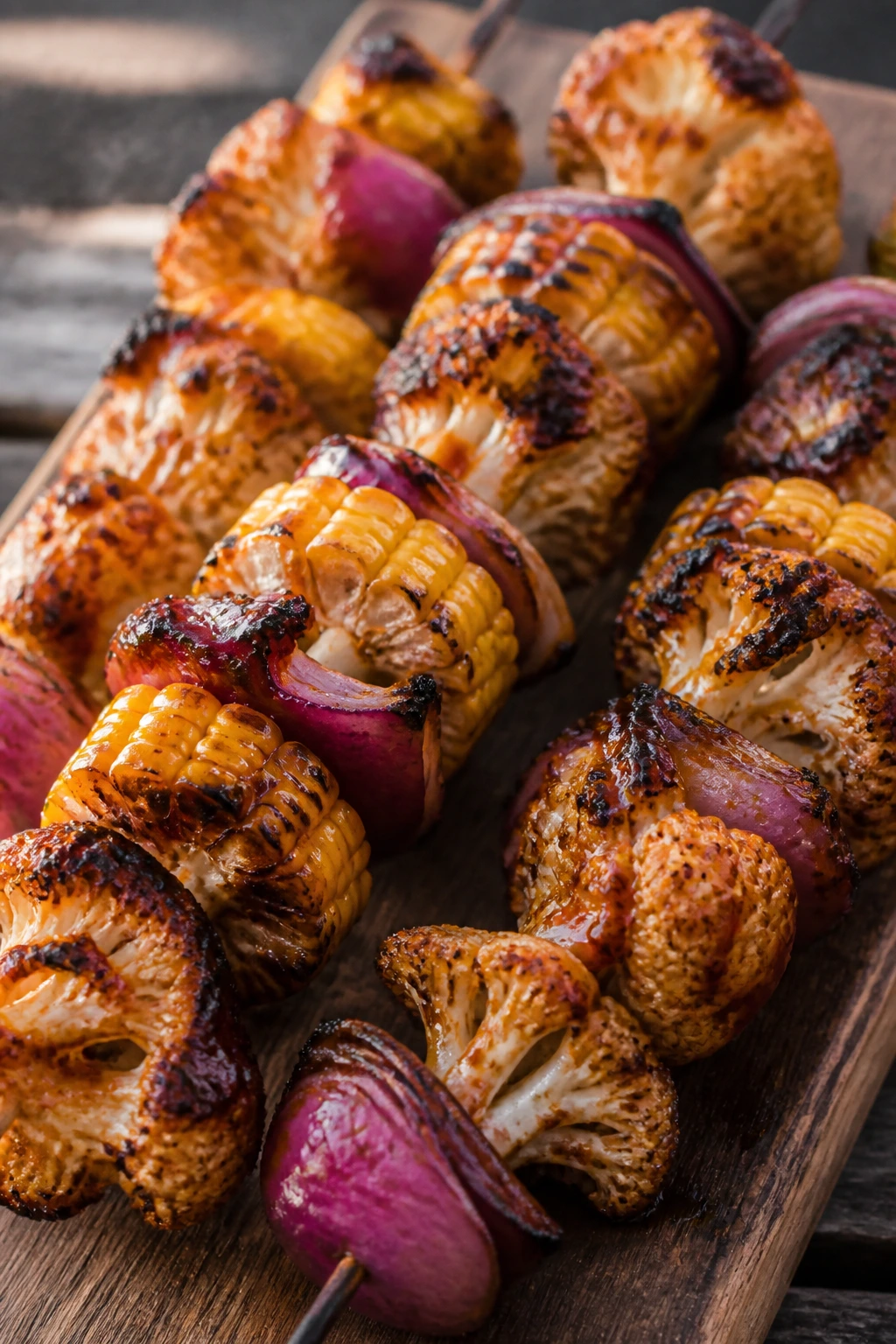 BBQ cauliflower and corn skewers with onion and char marks