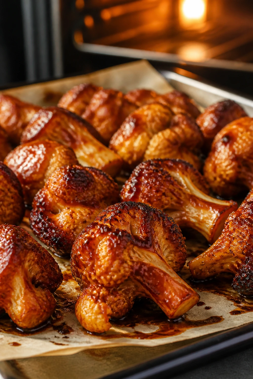 Close-up of roasted cauliflower wings with glossy BBQ glaze on a sheet pan