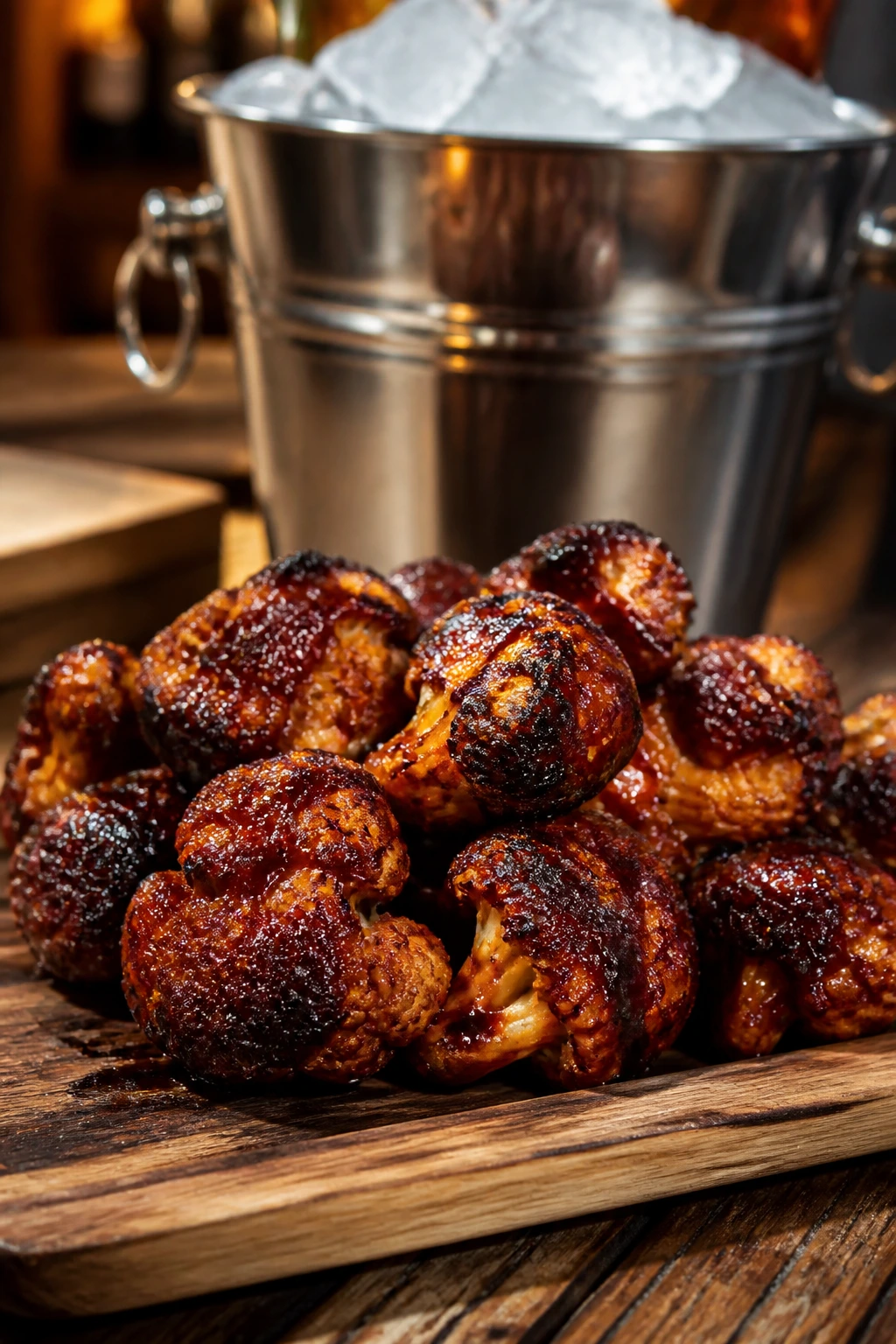 Close-up of BBQ cauliflower wings beside an ice bucket in a warm kitchen