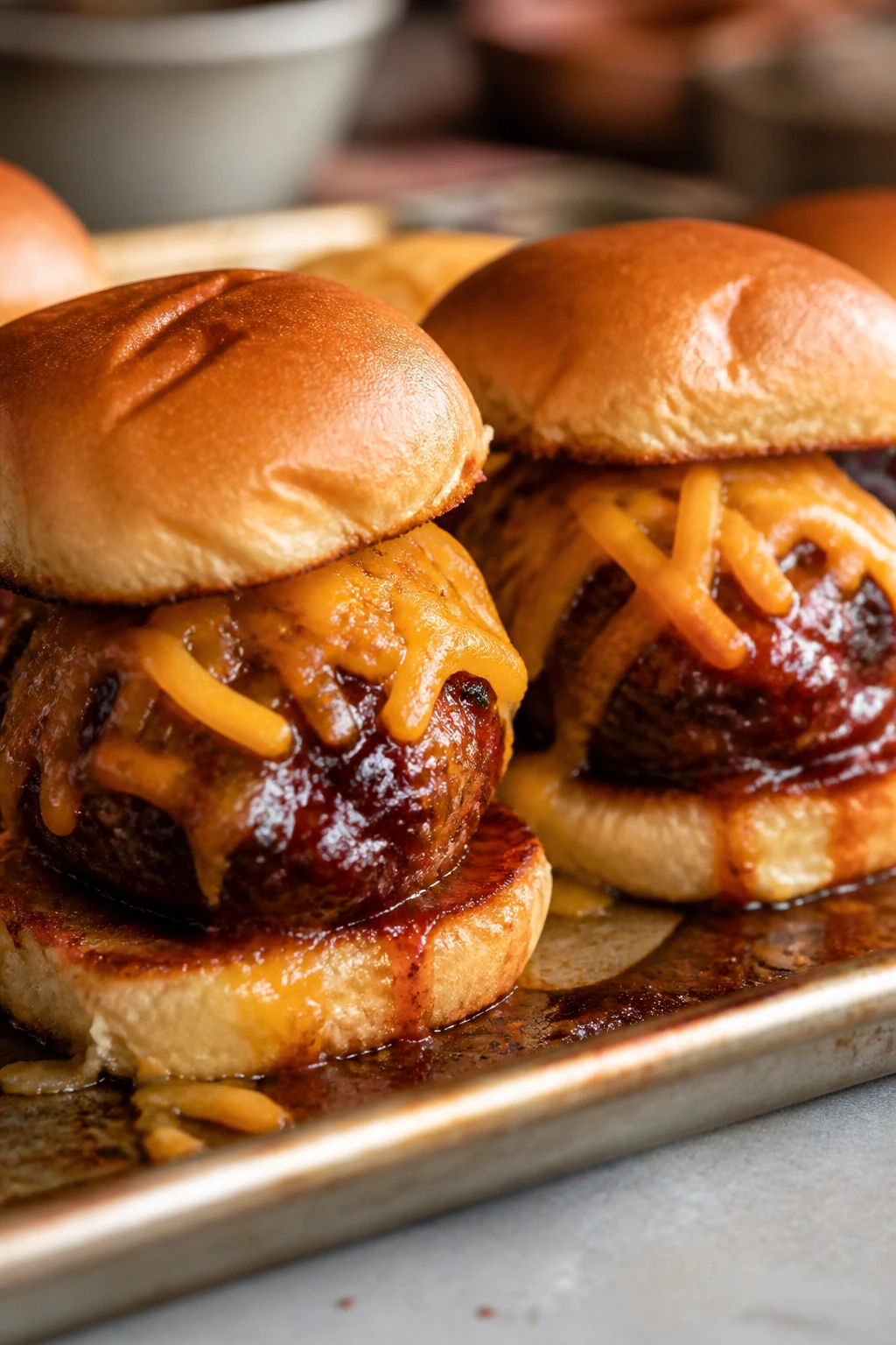Two BBQ cheddar sliders with smoky glaze and melted cheddar