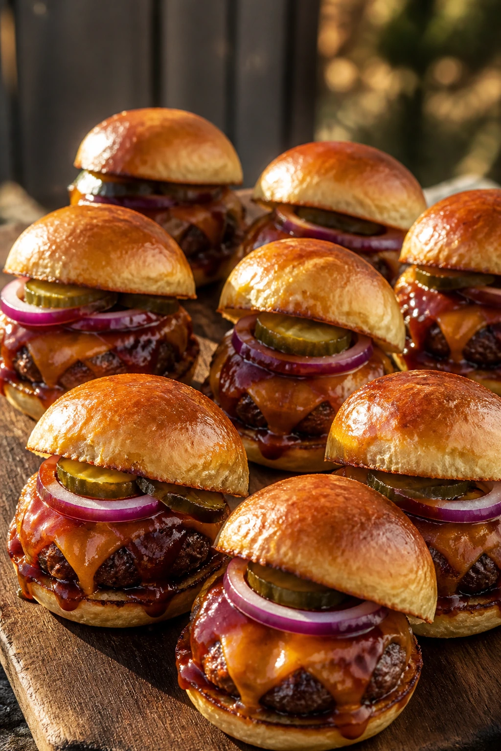 Close-up of eight BBQ cheddar mini burgers with onions and pickles outdoors.