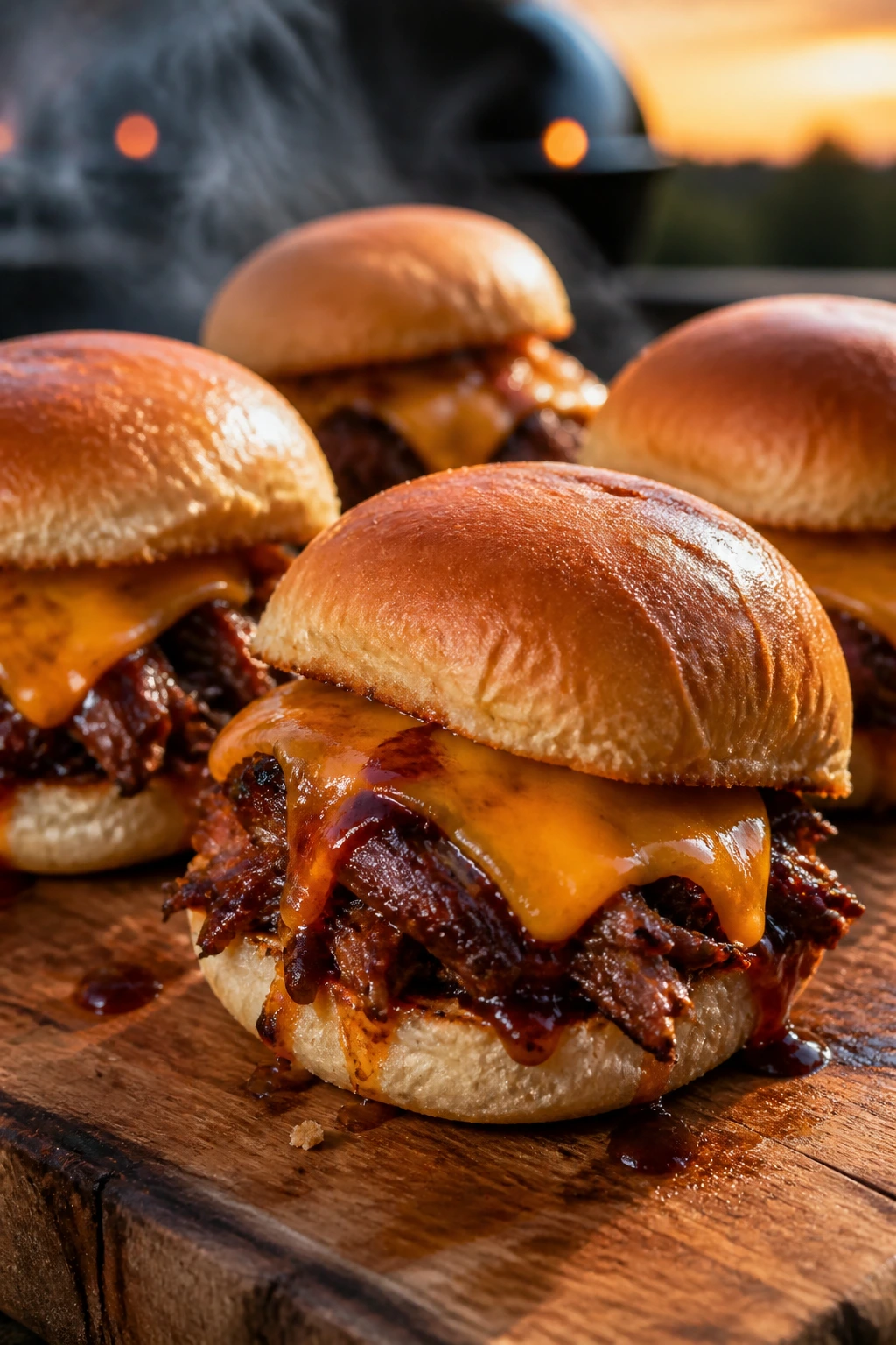 Close-up of Smoky BBQ Cheddar Sliders with cheddar and BBQ glaze