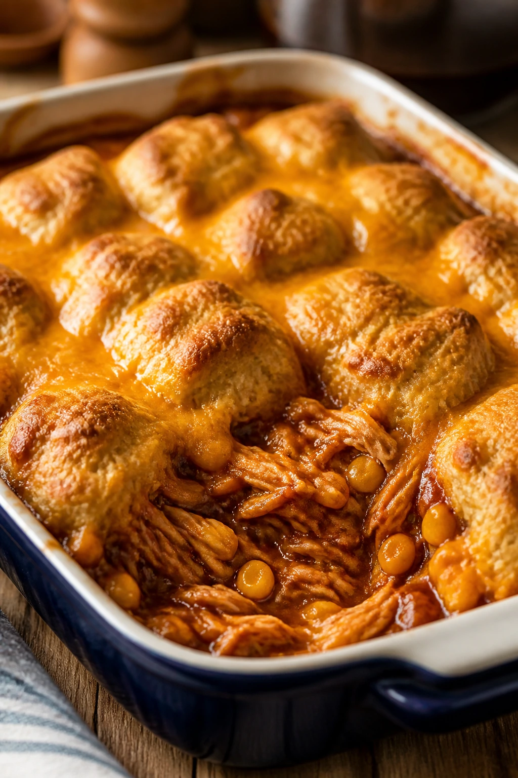 Close-up of BBQ biscuit chicken bake with golden biscuit topping