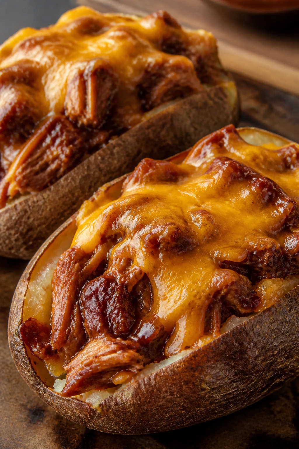 Two baked potatoes halved and topped with BBQ chicken and cheddar on a kitchen counter