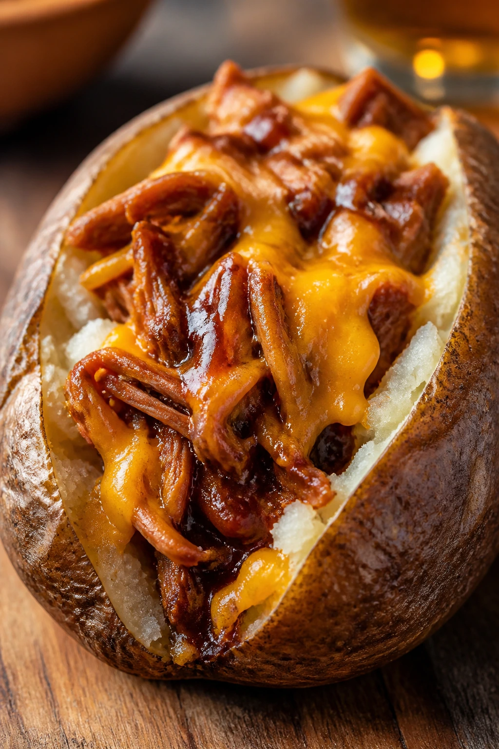 Close-up of a loaded BBQ chicken baked potato on a wooden surface.