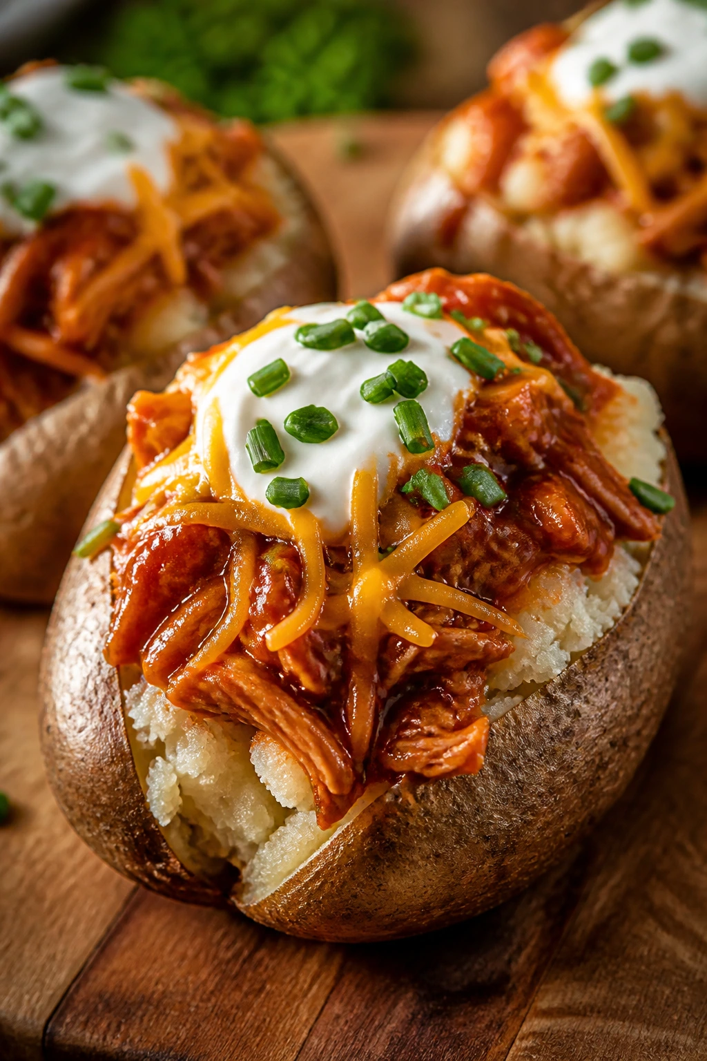 Loaded BBQ chicken baked potato with cheese and sour cream