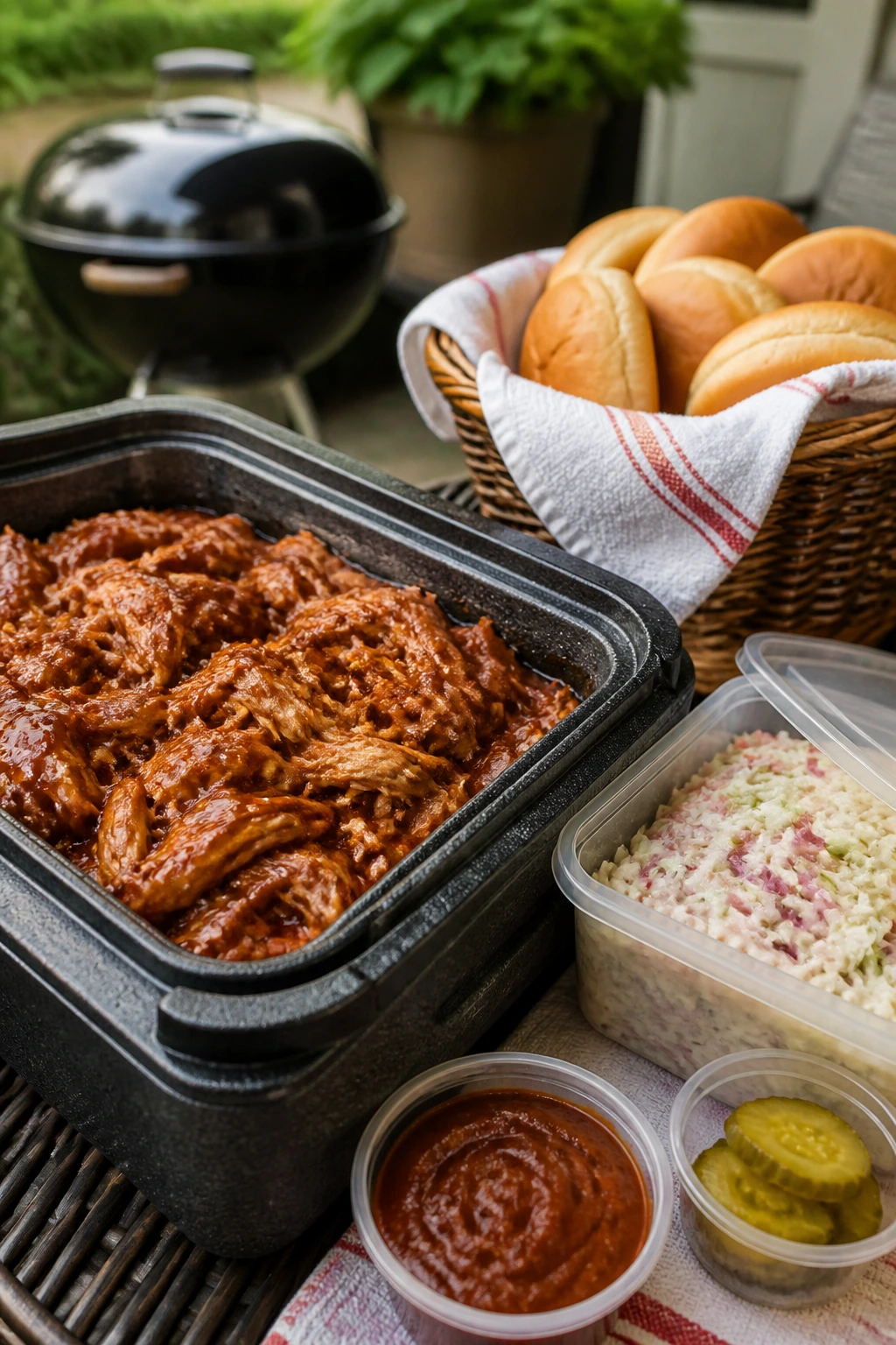 Close-up of a BBQ chicken basket with slaw and buns in a patio setting