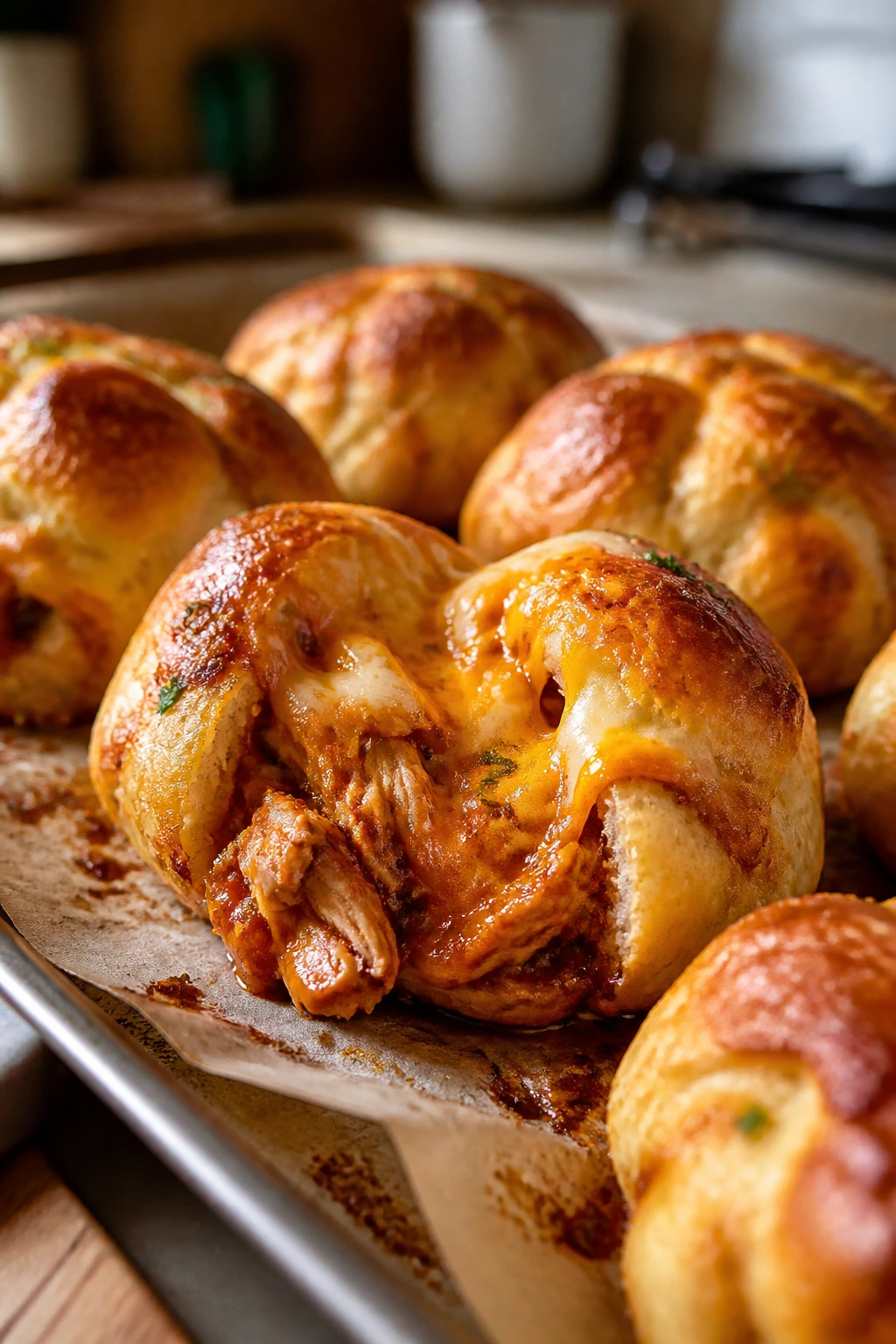 Close-up of barbecue chicken biscuit bombs on a baking sheet