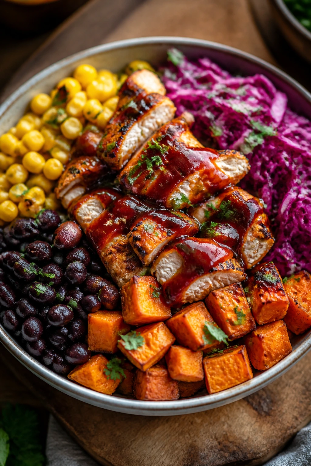 Close-up of BBQ chicken sweet potato bowls with cabbage and beans