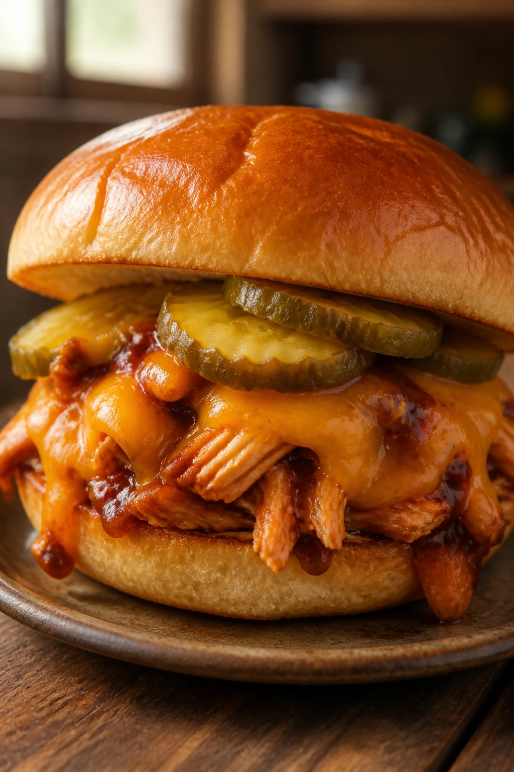 BBQ chicken cheddar sandwich with melted cheese and pickles
