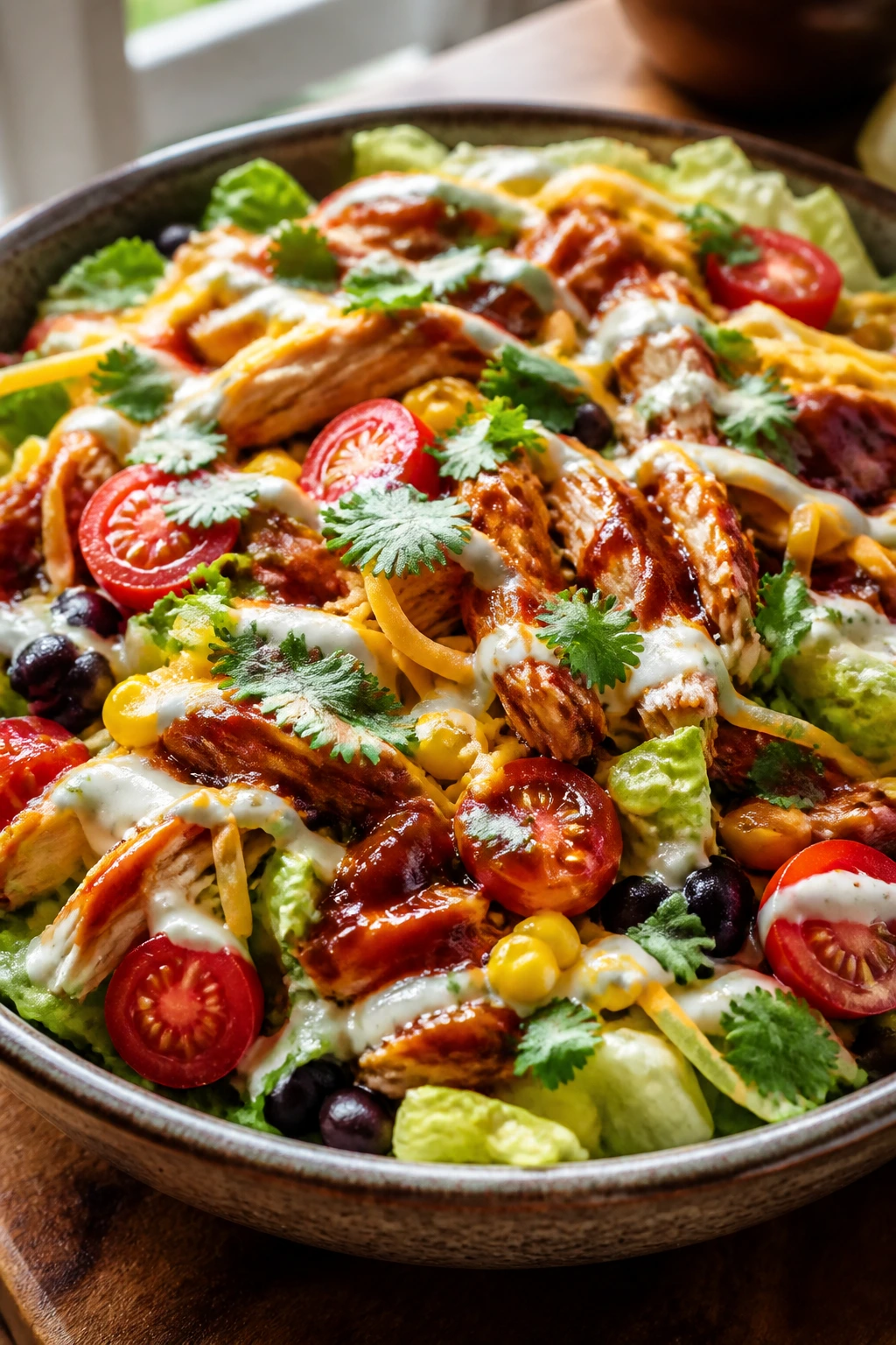 Close-up of BBQ Chicken Chopped Salad in a rustic bowl with corn, beans, tomatoes and cilantro