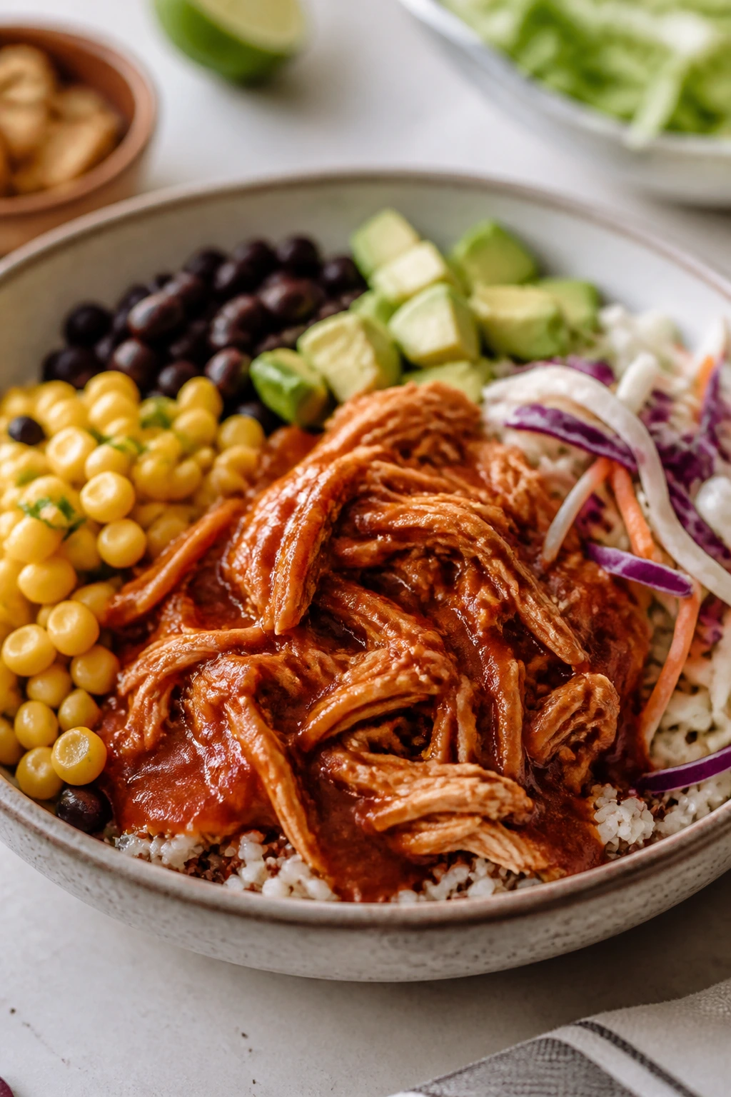 Bowl of BBQ chicken corn salad with avocado on rice