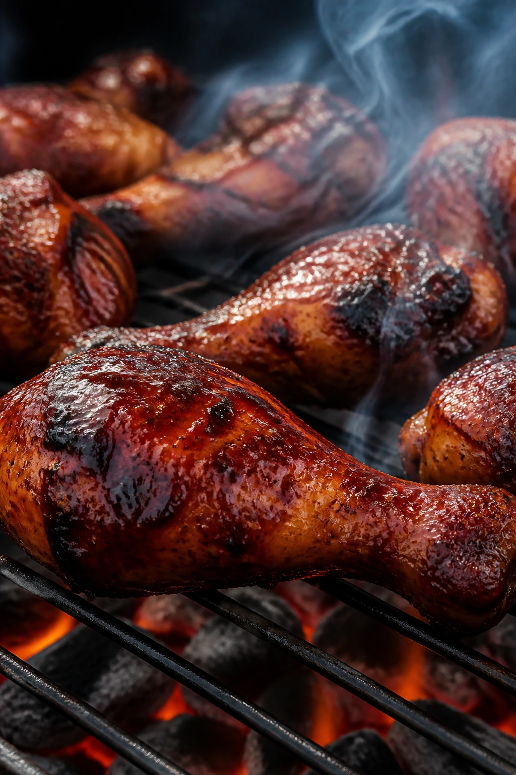 Close-up of glossy BBQ chicken drumsticks on a grill