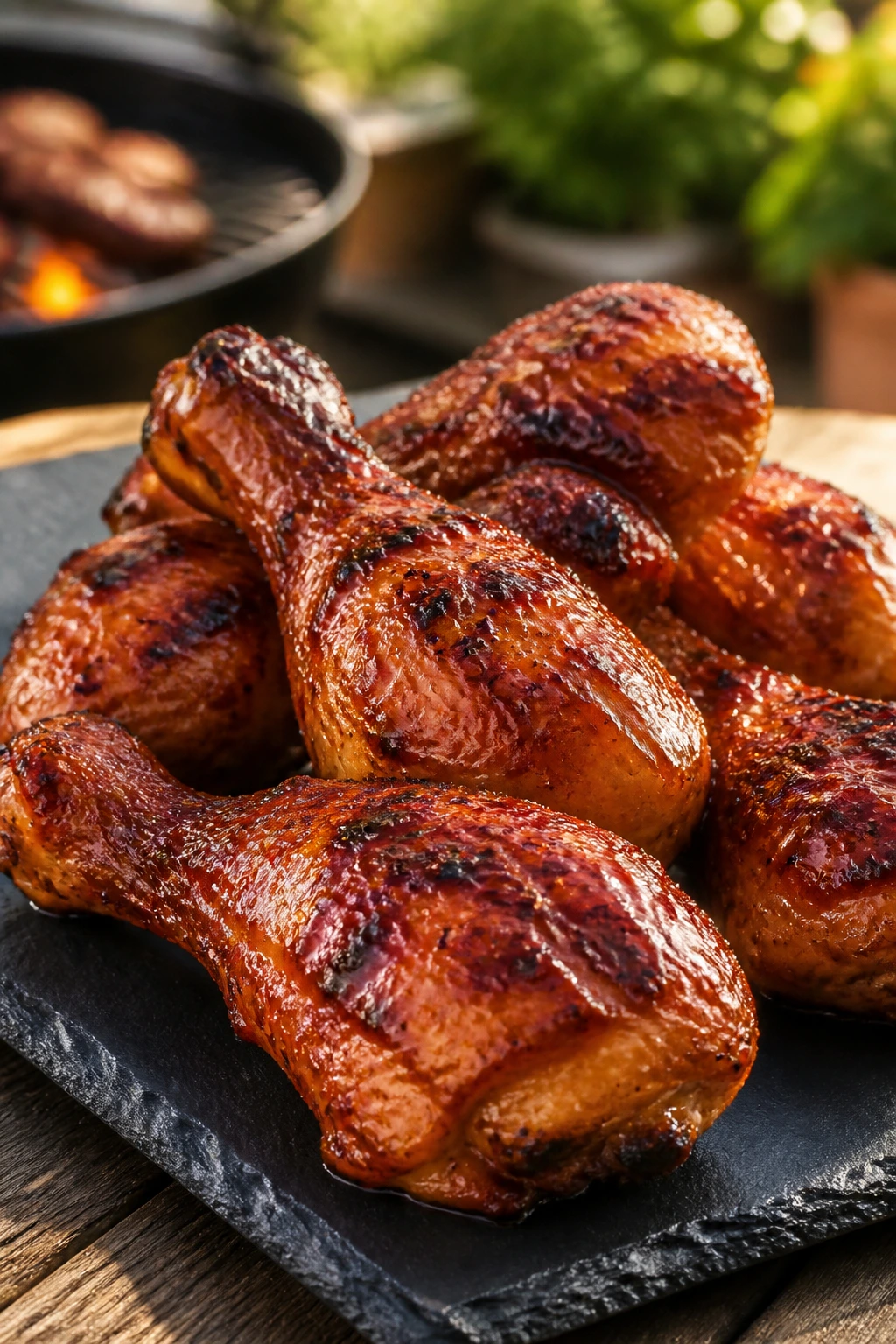 Glazed BBQ chicken drumsticks on a dark plate in a sunny outdoor setting