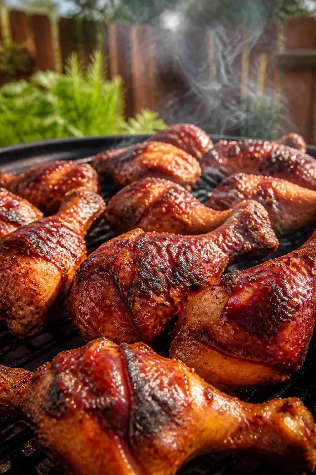 Close-up of BBQ glazed chicken drumsticks on a grill
