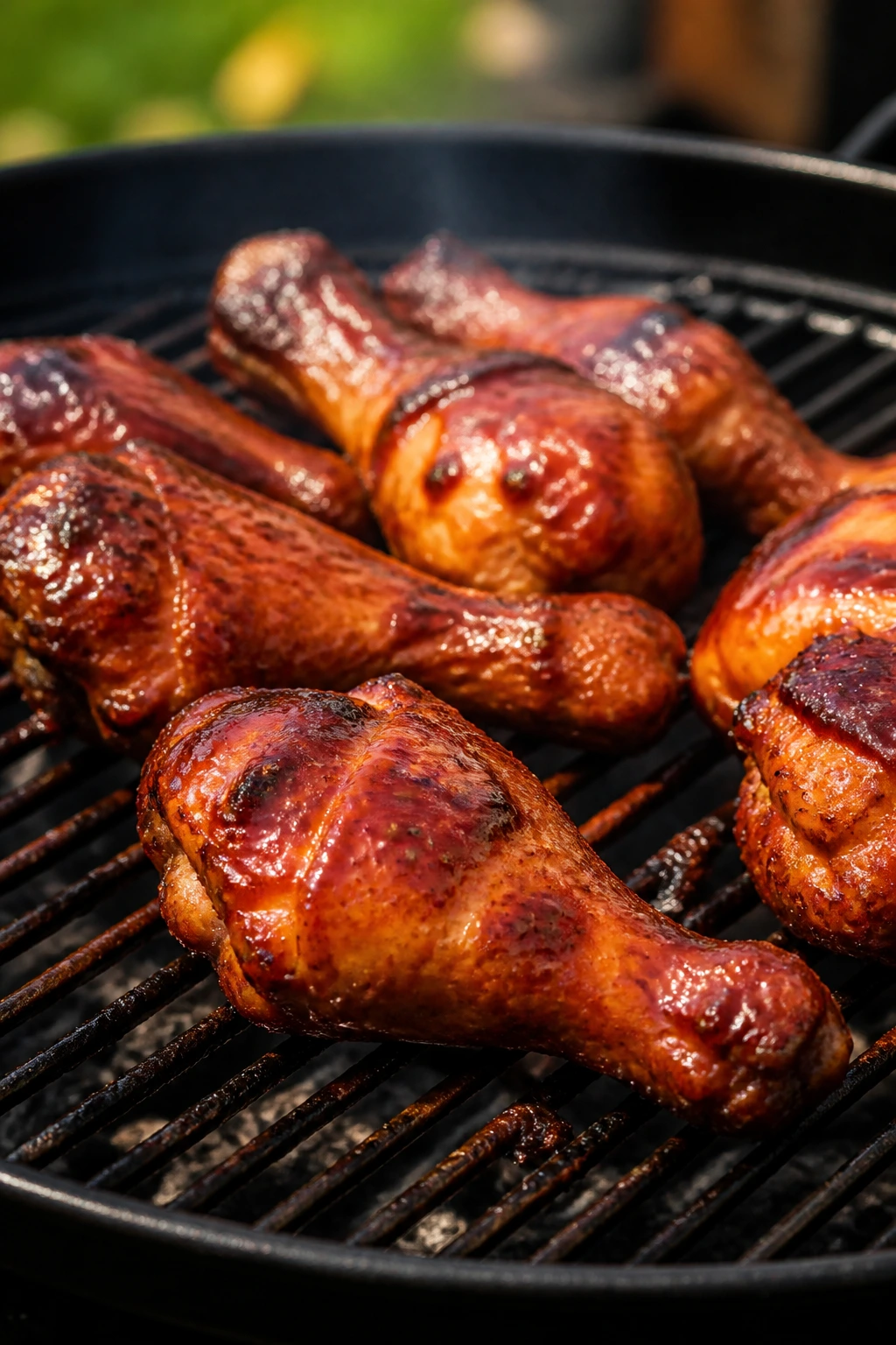 Close-up of BBQ chicken drumsticks with glossy glaze on a grill