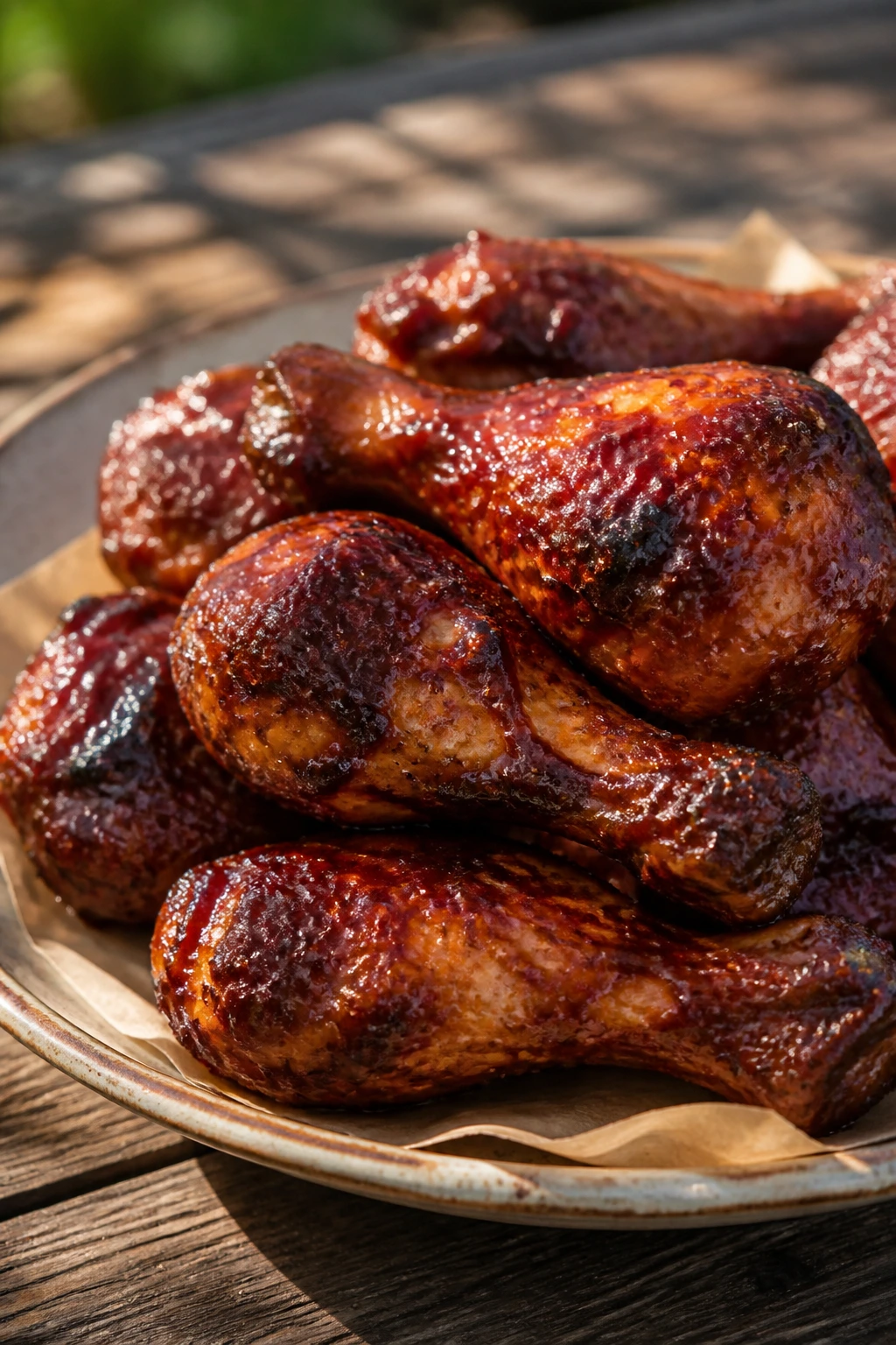 Close-up of glazed BBQ chicken drumsticks on a rustic plate