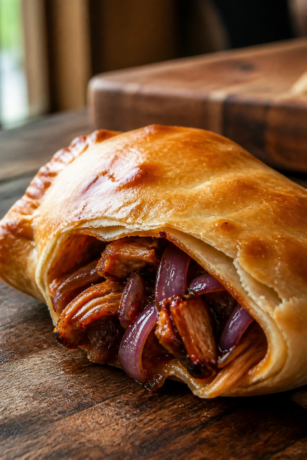 Close-up of a BBQ chicken and red onion empanada with glossy crust