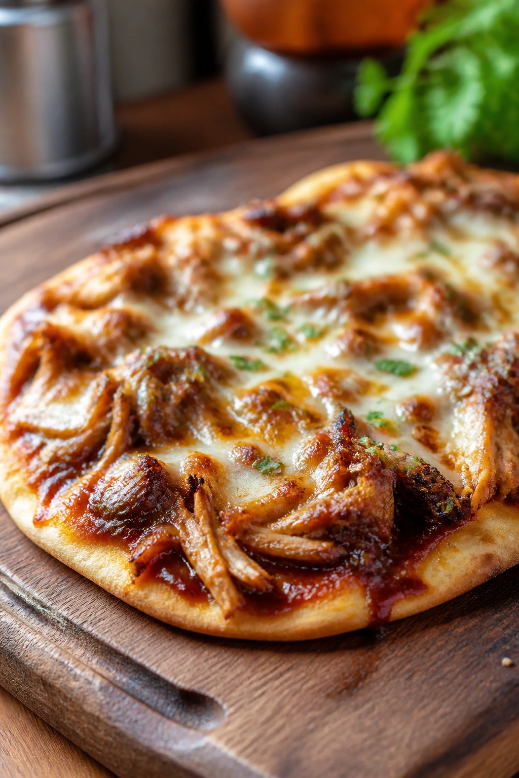 BBQ chicken flatbread on a wooden board in a kitchen