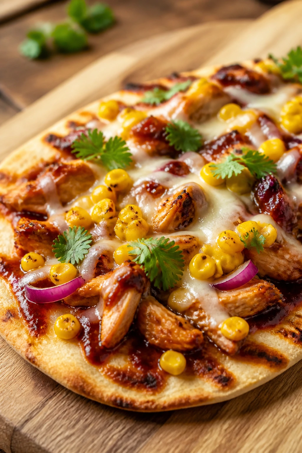 BBQ chicken flatbread with corn on a wooden board