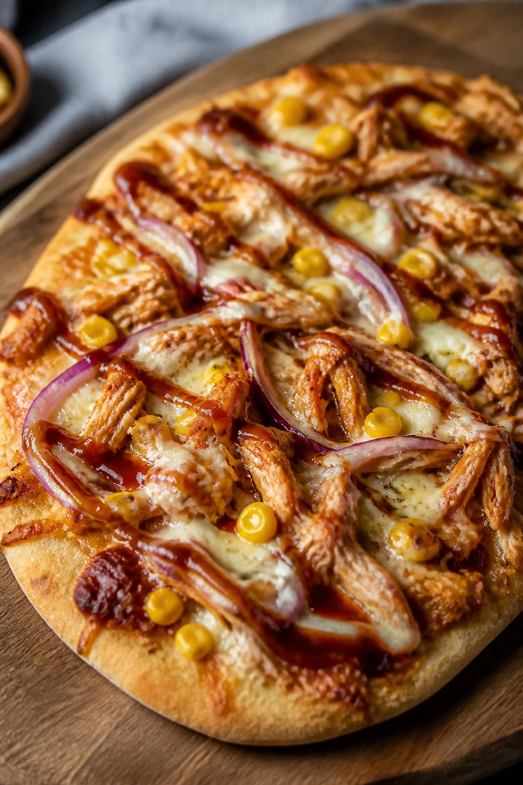 Close-up of BBQ chicken flatbread with cheese and onions on a wooden board.