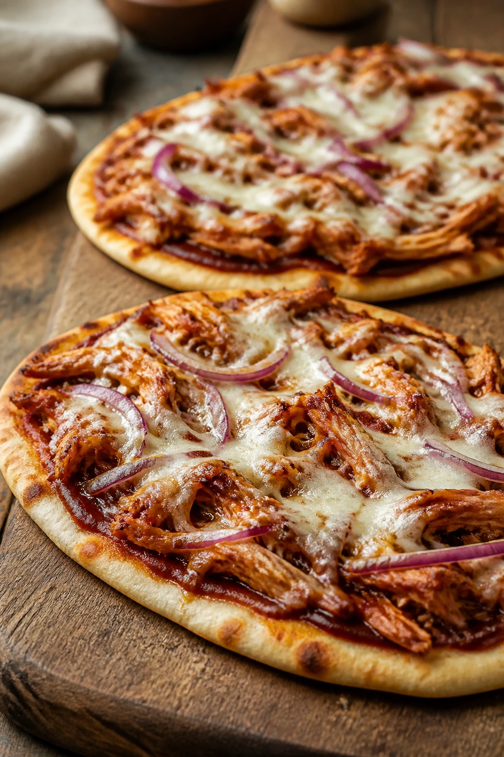 Flatbreads topped with BBQ chicken and cheese on a wooden board