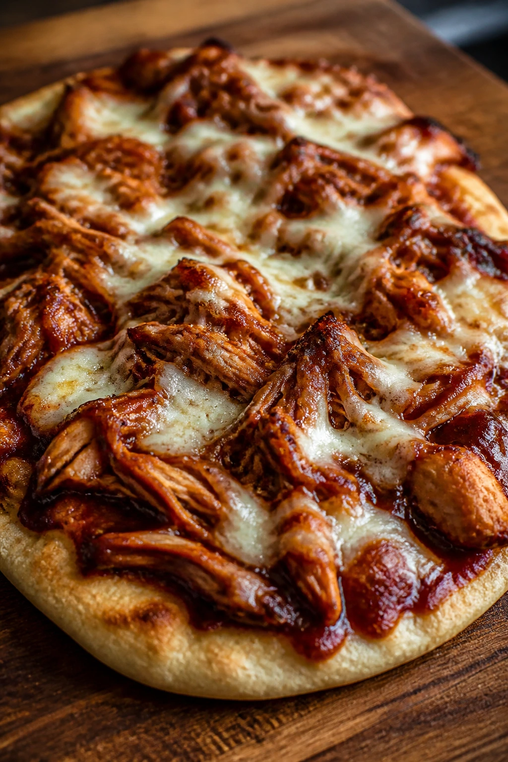 Flatbread topped with chicken and cheese on a wooden board