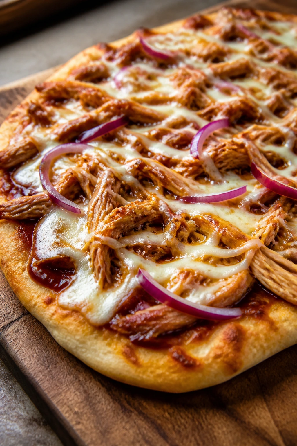 Close-up of BBQ chicken flatbread with melted cheese on a wooden board