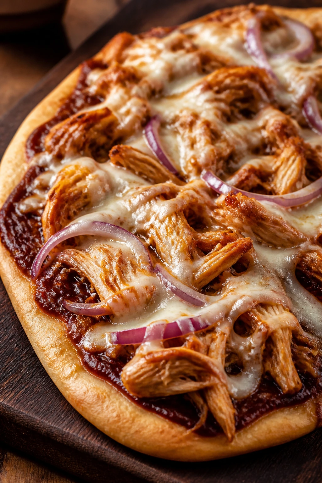 BBQ chicken flatbread with cheese and onions on a wooden board