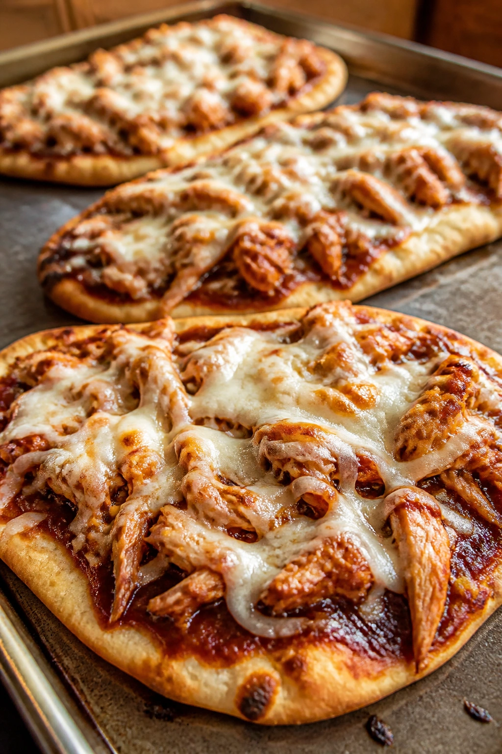 Close-up of BBQ chicken flatbread with cheese on a baking sheet