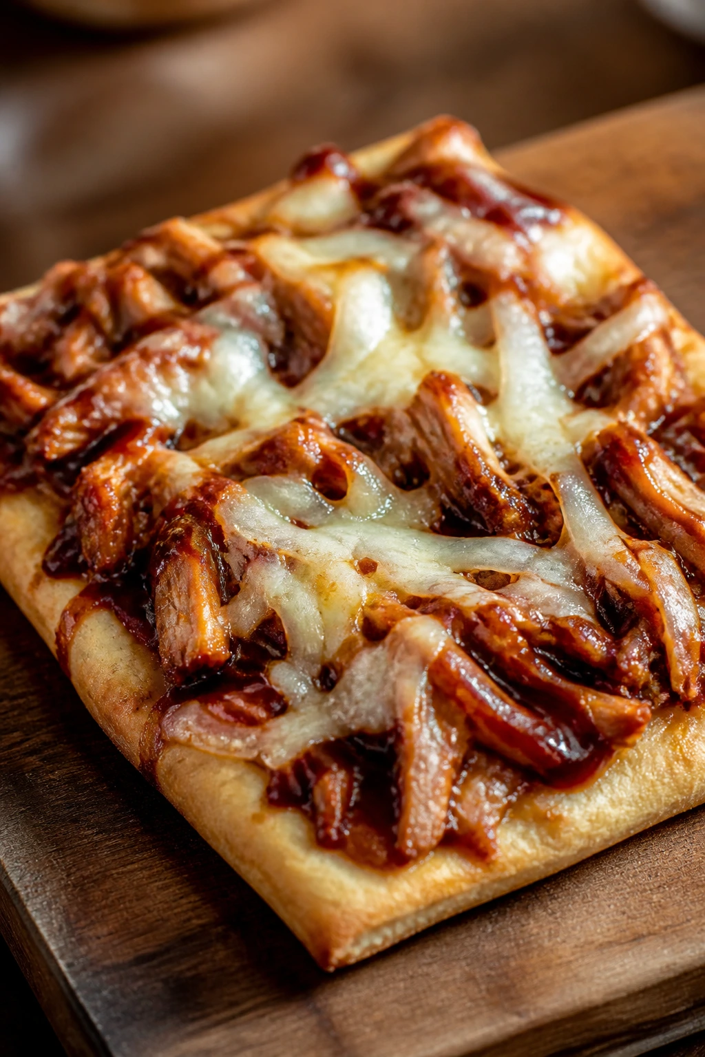 Close-up of BBQ Chicken Flatbread with cheese and chicken.