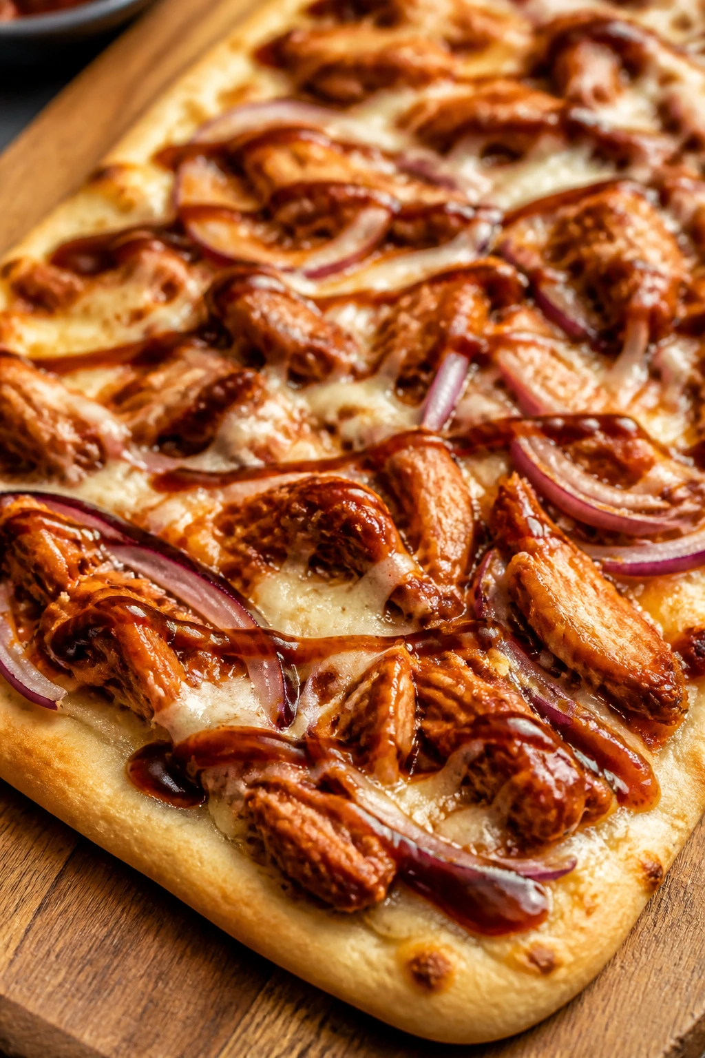 Close-up of BBQ chicken flatbread with mozzarella on a wooden board.