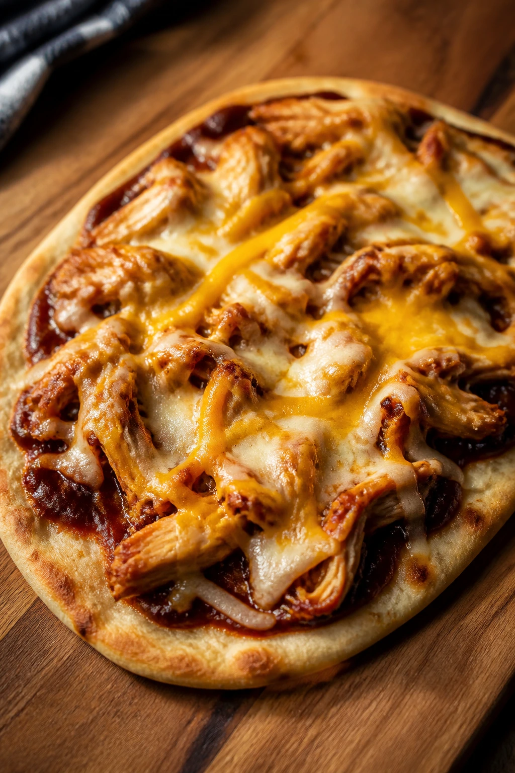 Close-up of BBQ chicken flatbread on a wooden board.