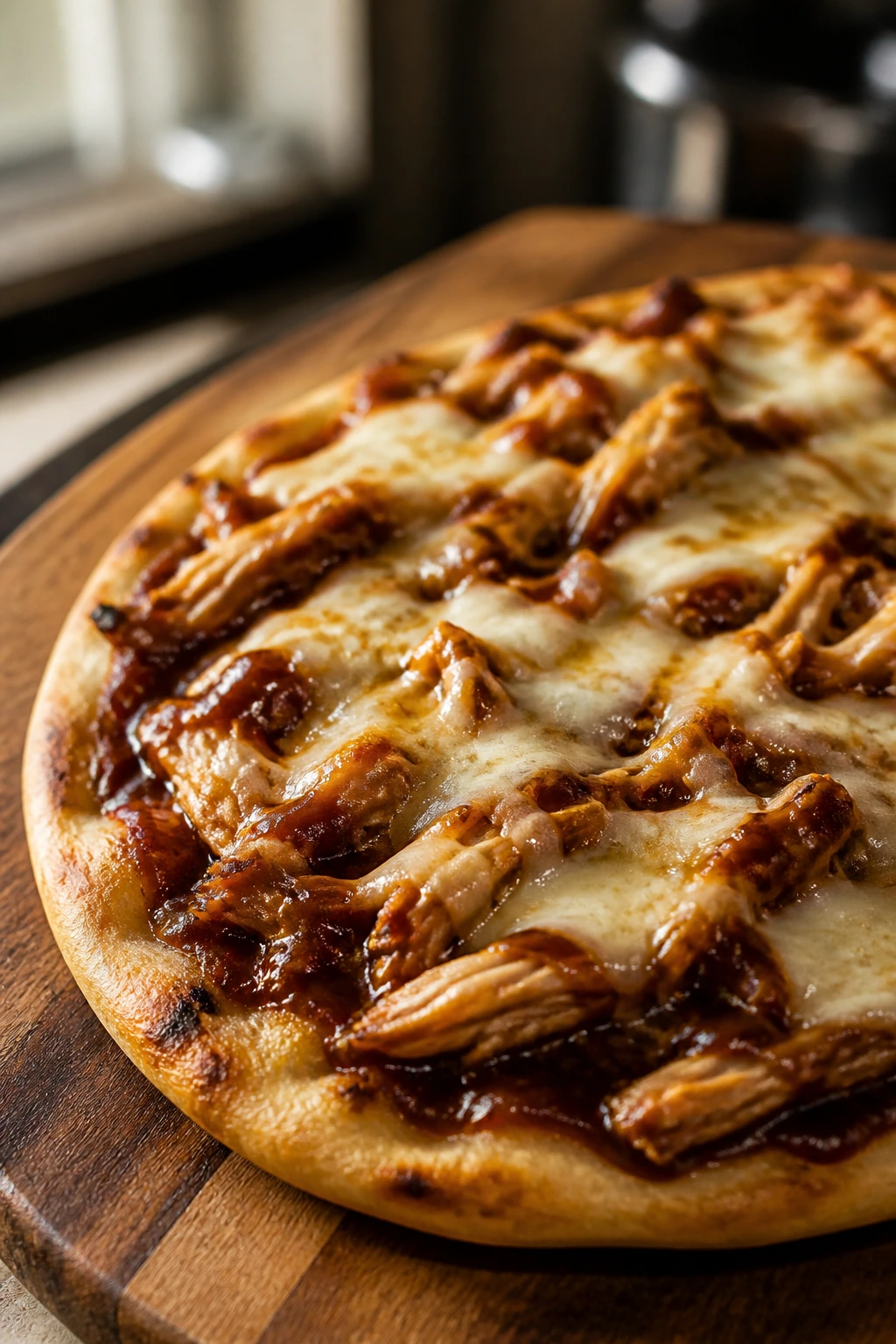Close-up of BBQ chicken flatbread on wooden board with melted cheese
